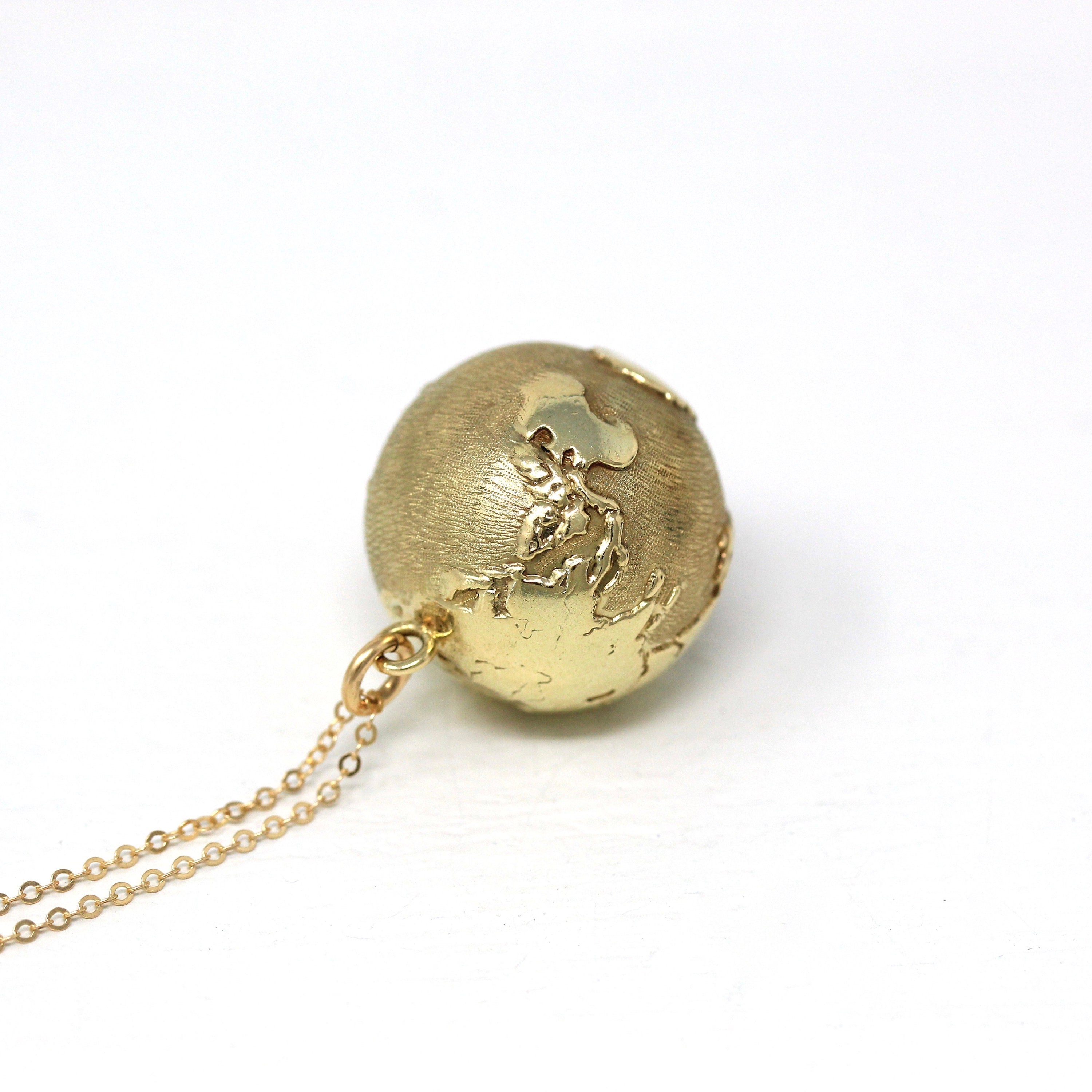 Sale - World Globe Charm - Retro 14k Yellow Gold Figural Round Continents Pendant Necklace - Vintage Circa 1970s Traveling Gift 70s Jewelry