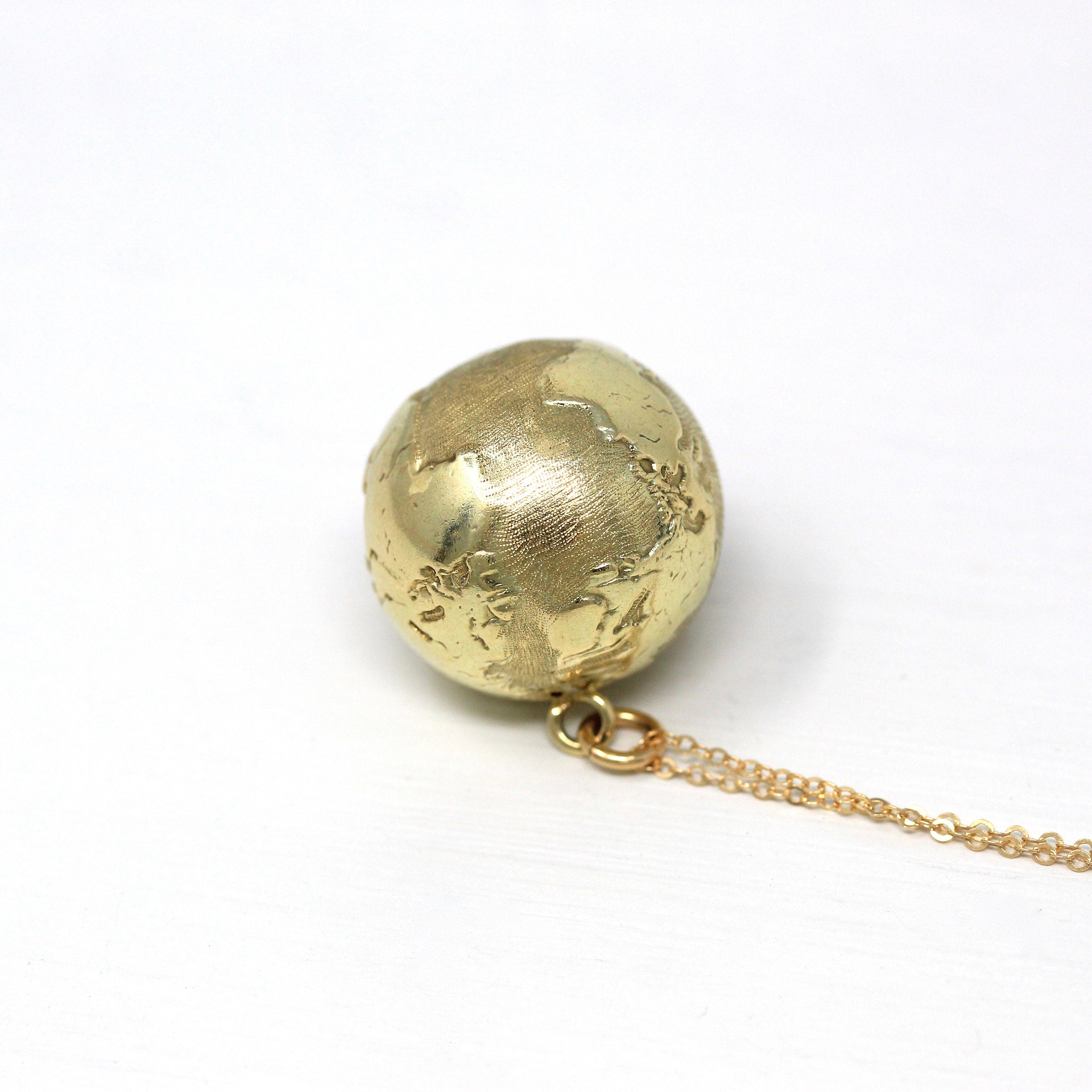 Sale - World Globe Charm - Retro 14k Yellow Gold Figural Round Continents Pendant Necklace - Vintage Circa 1970s Traveling Gift 70s Jewelry