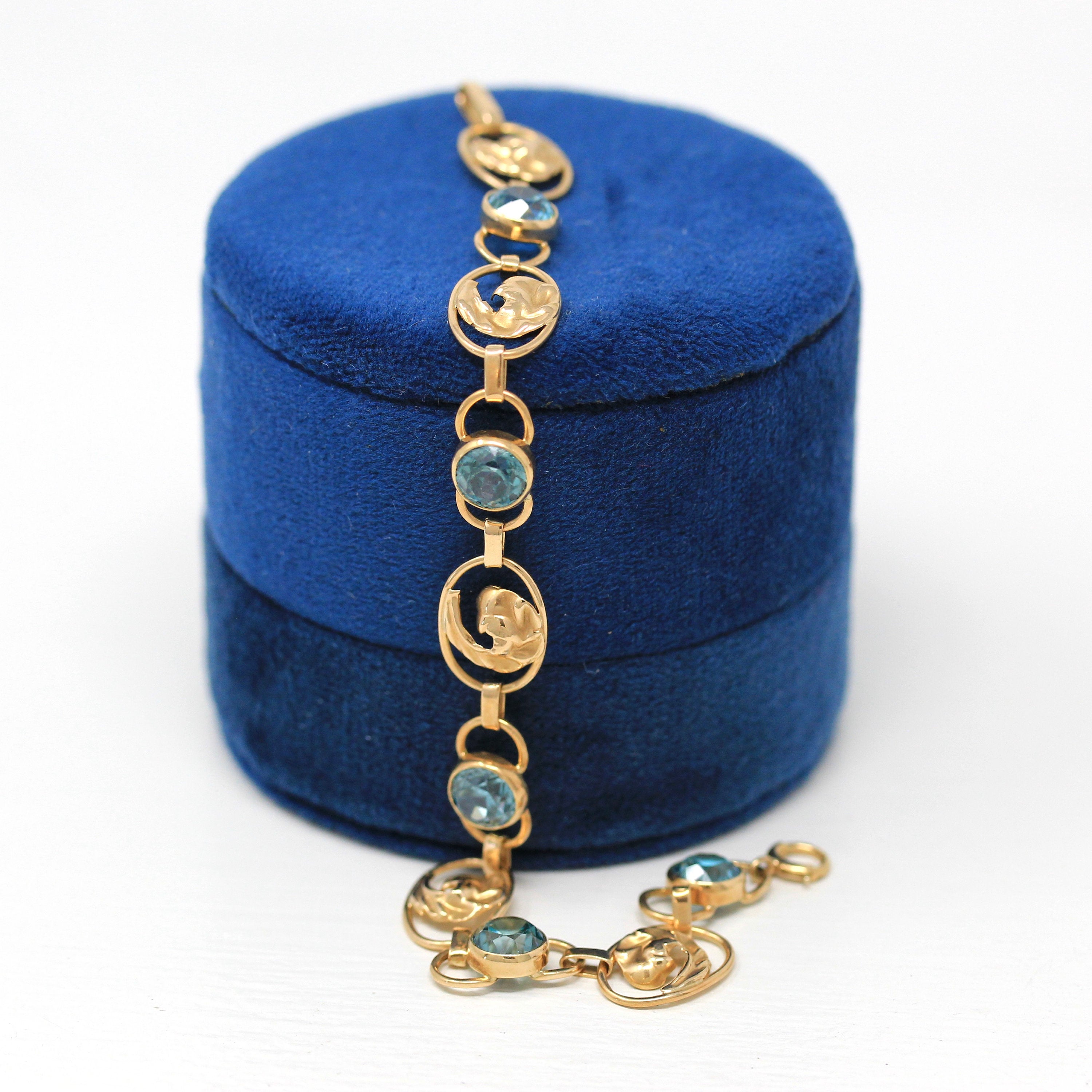 Genuine Zircon Bracelet - Retro 14k Yellow Gold Round Faceted Blue 6.05 CTW Gemstones - Vintage Circa 1940s Era Leaf Motifs Fine 40s Jewelry