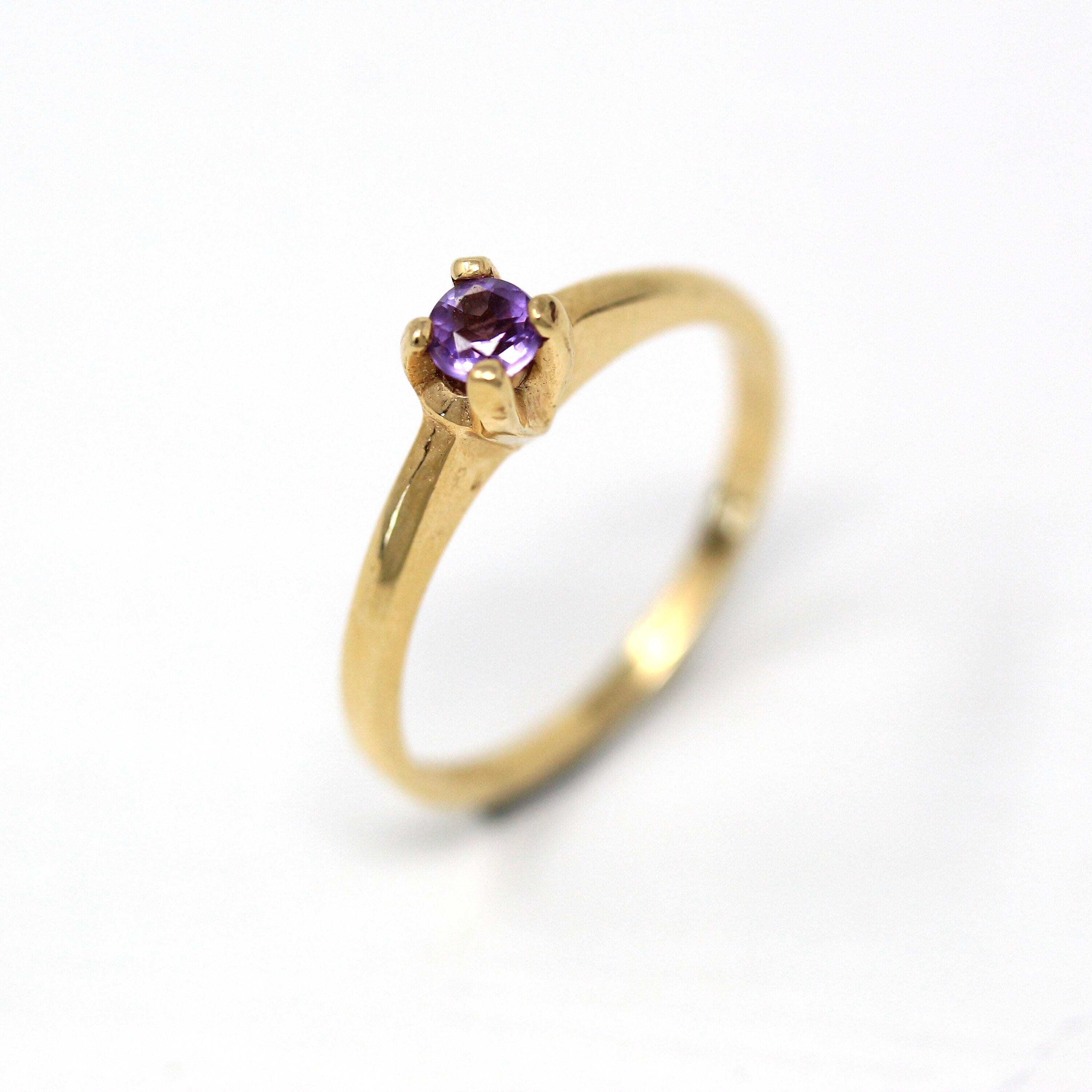 Sale - Genuine Amethyst Ring - Retro 14k Yellow Gold Round Faceted .12 CT Gem - Vintage Circa 1970s Size 5 1/2 February Birthstone Jewelry