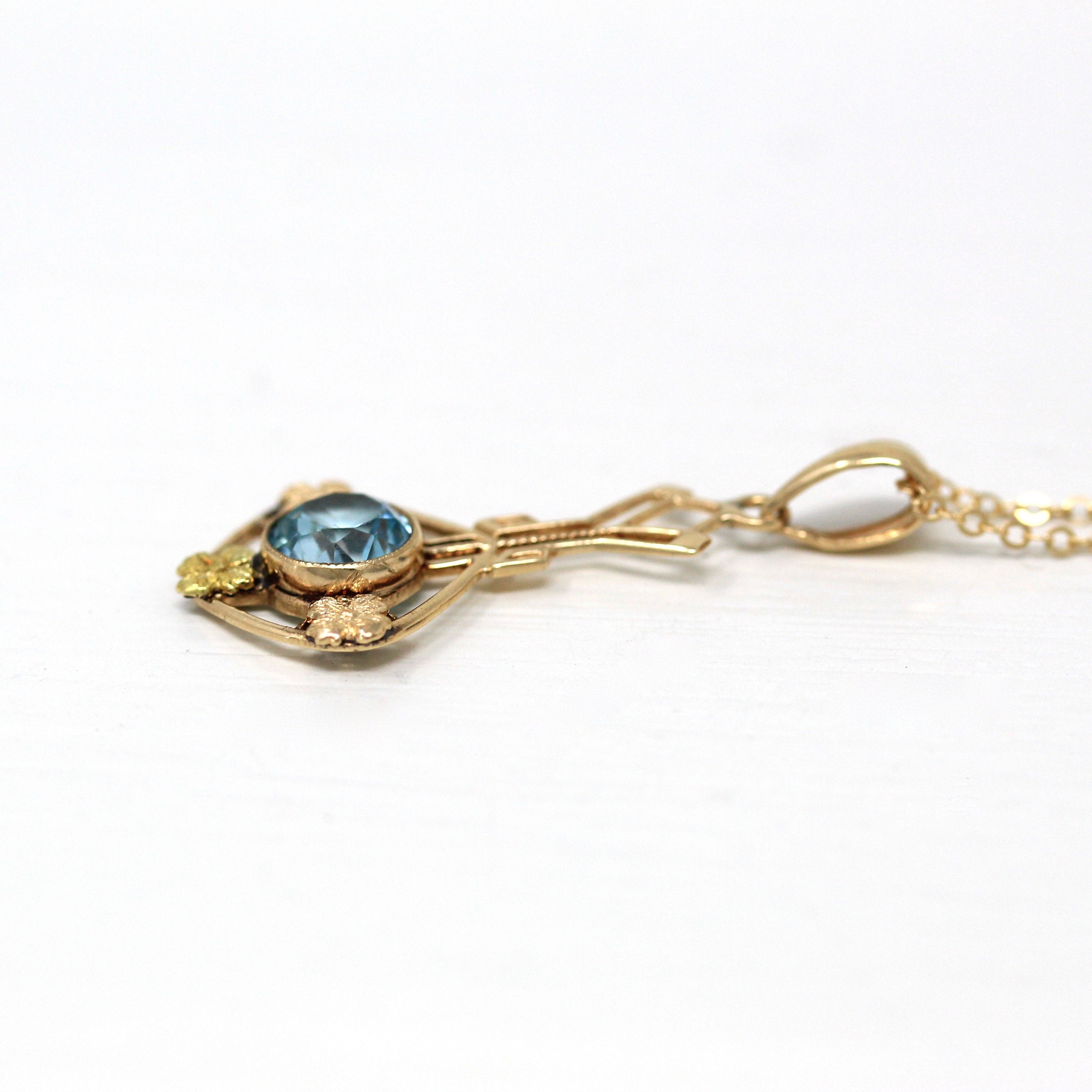 Sale - Blue Zircon Lavalier - Edwardian 10k Yellow Gold Genuine Blue 1.11 CT Gem Pendant - Antique Circa 1910s Floral Ostby Barton Jewelry