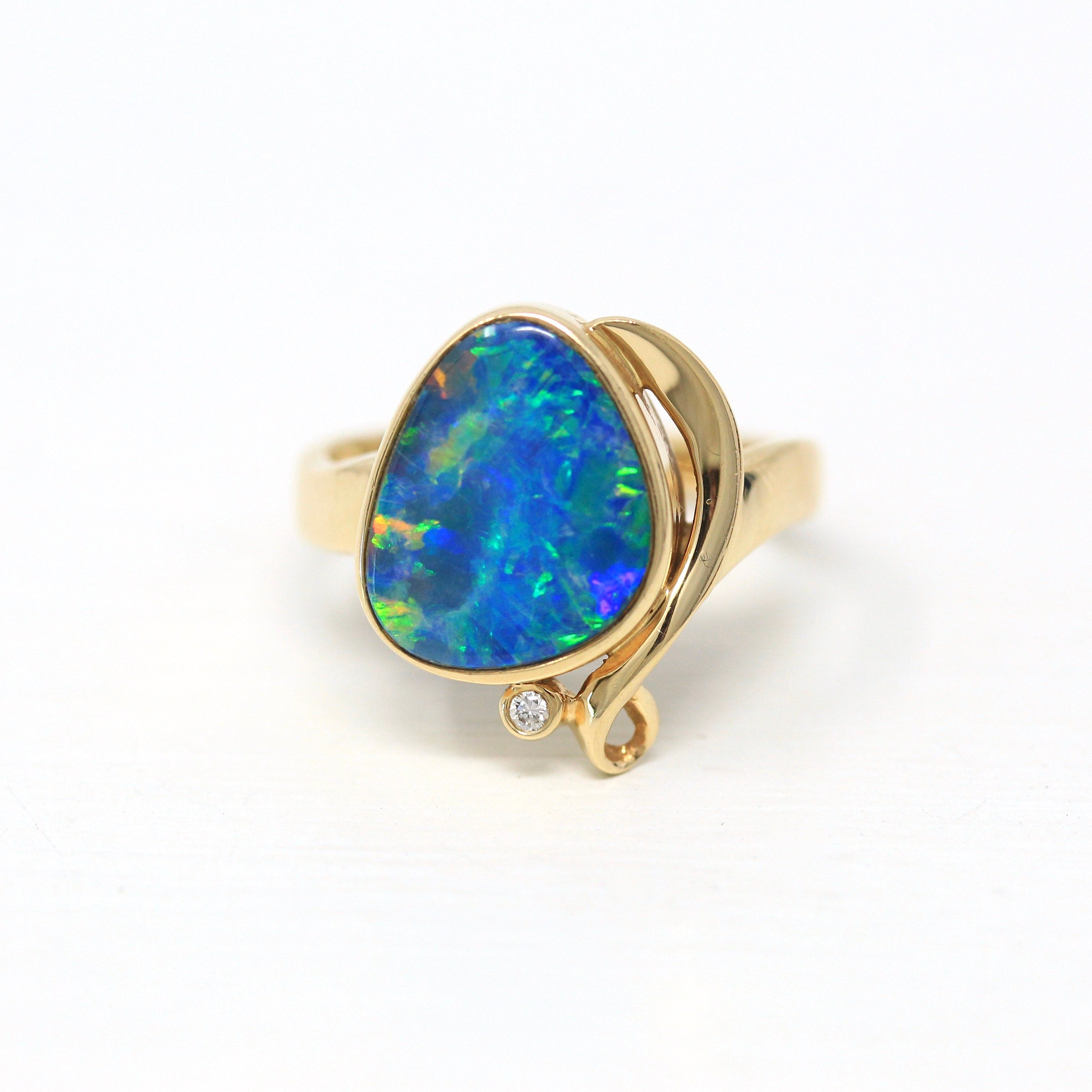 Opal Doublet Ring - Estate 14k Yellow Gold Artistic Design Statement - Size 7.5 Blue Green Play of Color Gemstone Fine Diamond Jewelry