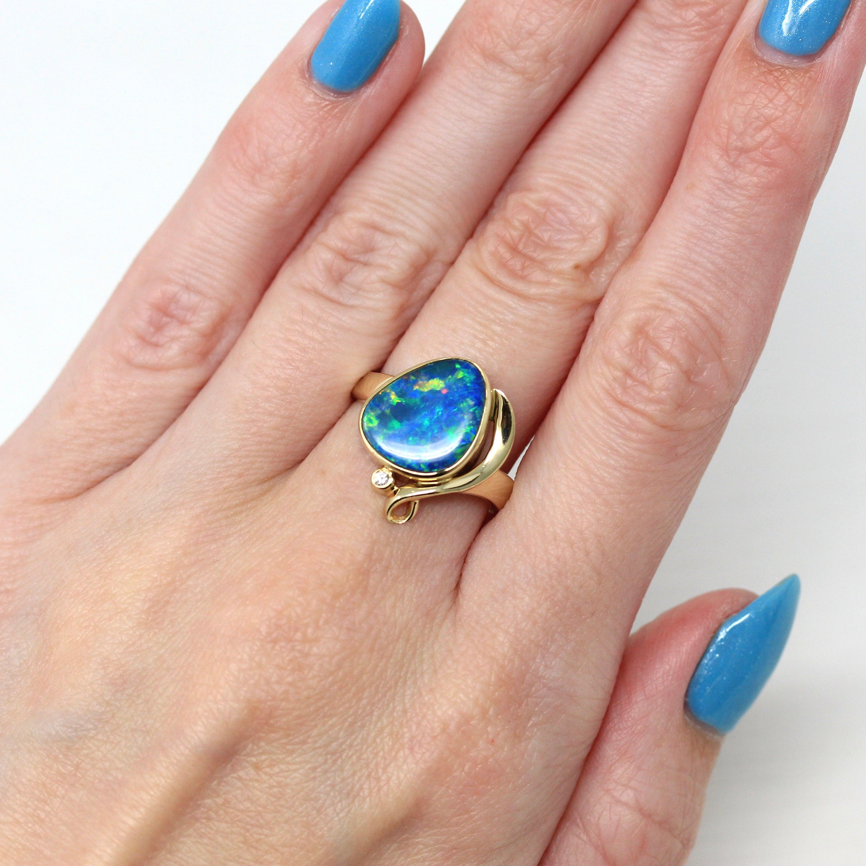 Opal Doublet Ring - Estate 14k Yellow Gold Artistic Design Statement - Size 7.5 Blue Green Play of Color Gemstone Fine Diamond Jewelry