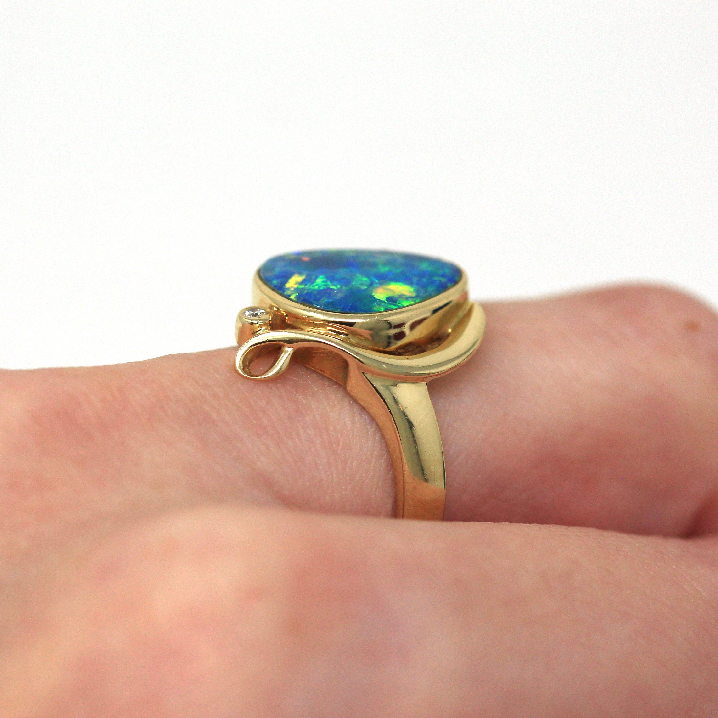 Opal Doublet Ring - Estate 14k Yellow Gold Artistic Design Statement - Size 7.5 Blue Green Play of Color Gemstone Fine Diamond Jewelry