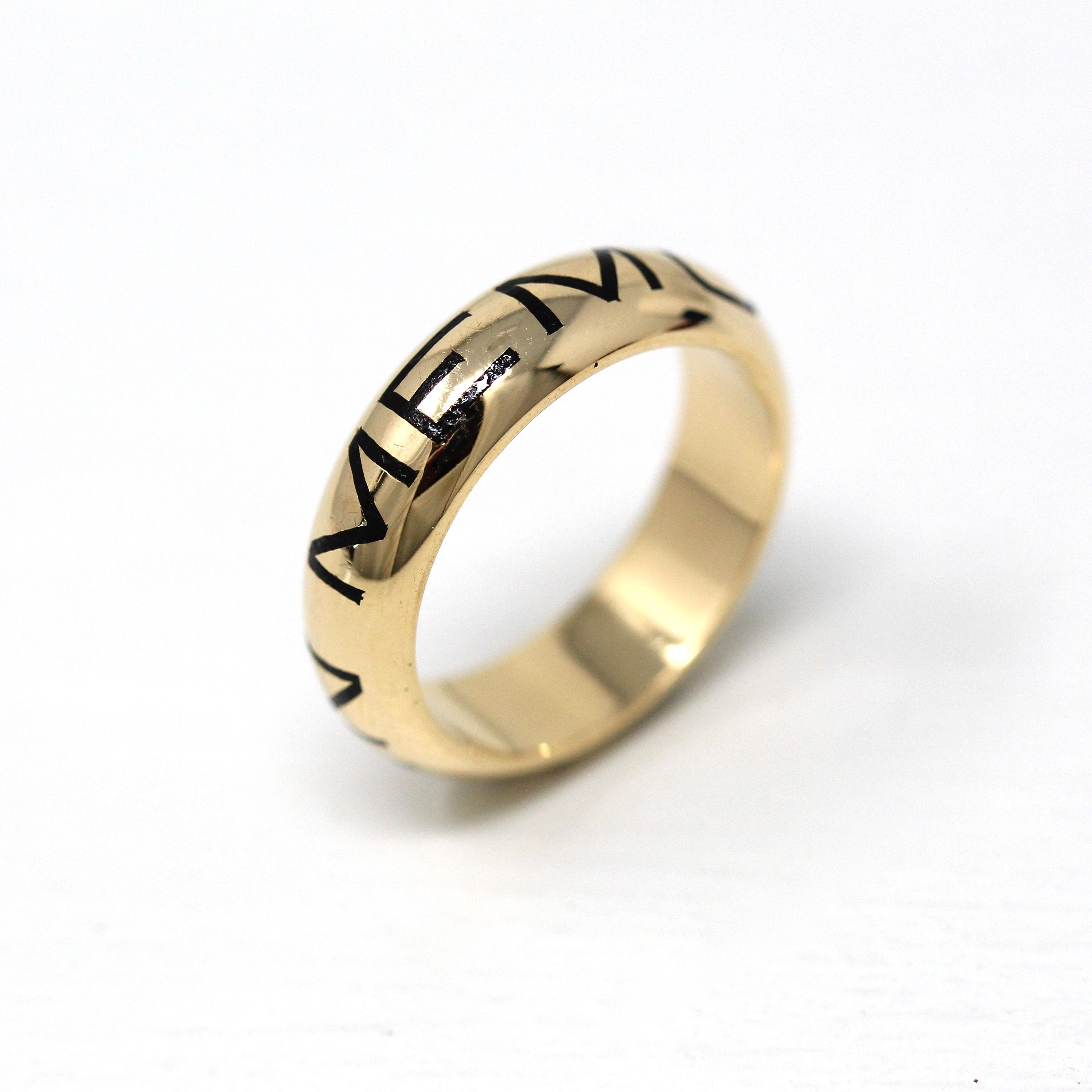 Gold Memorial Band - Modern Estate 14k Yellow Gold "In Memory Of" Ring - Size 6 Heavy Black Enamel Fine 5.5 mm Antique Style Jewelry