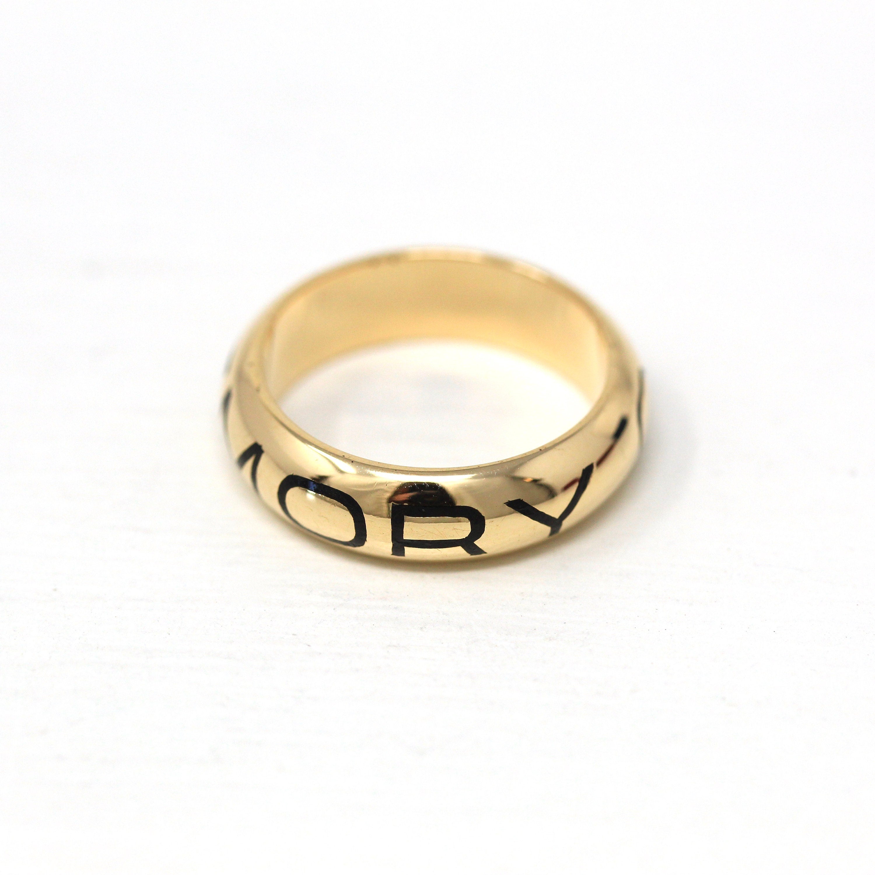 Gold Memorial Band - Modern Estate 14k Yellow Gold "In Memory Of" Ring - Size 6 Heavy Black Enamel Fine 5.5 mm Antique Style Jewelry