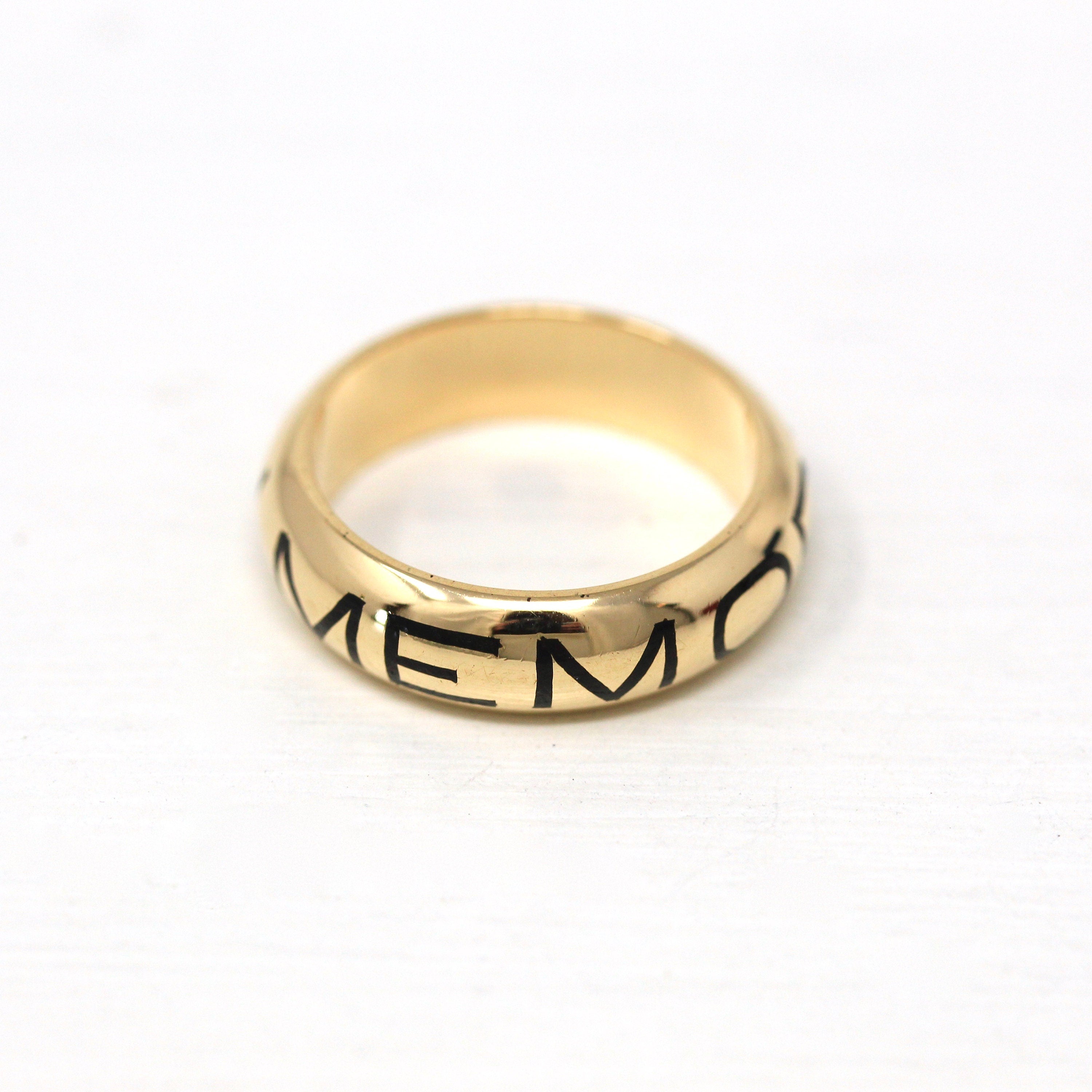 Gold Memorial Band - Modern Estate 14k Yellow Gold "In Memory Of" Ring - Size 6 Heavy Black Enamel Fine 5.5 mm Antique Style Jewelry