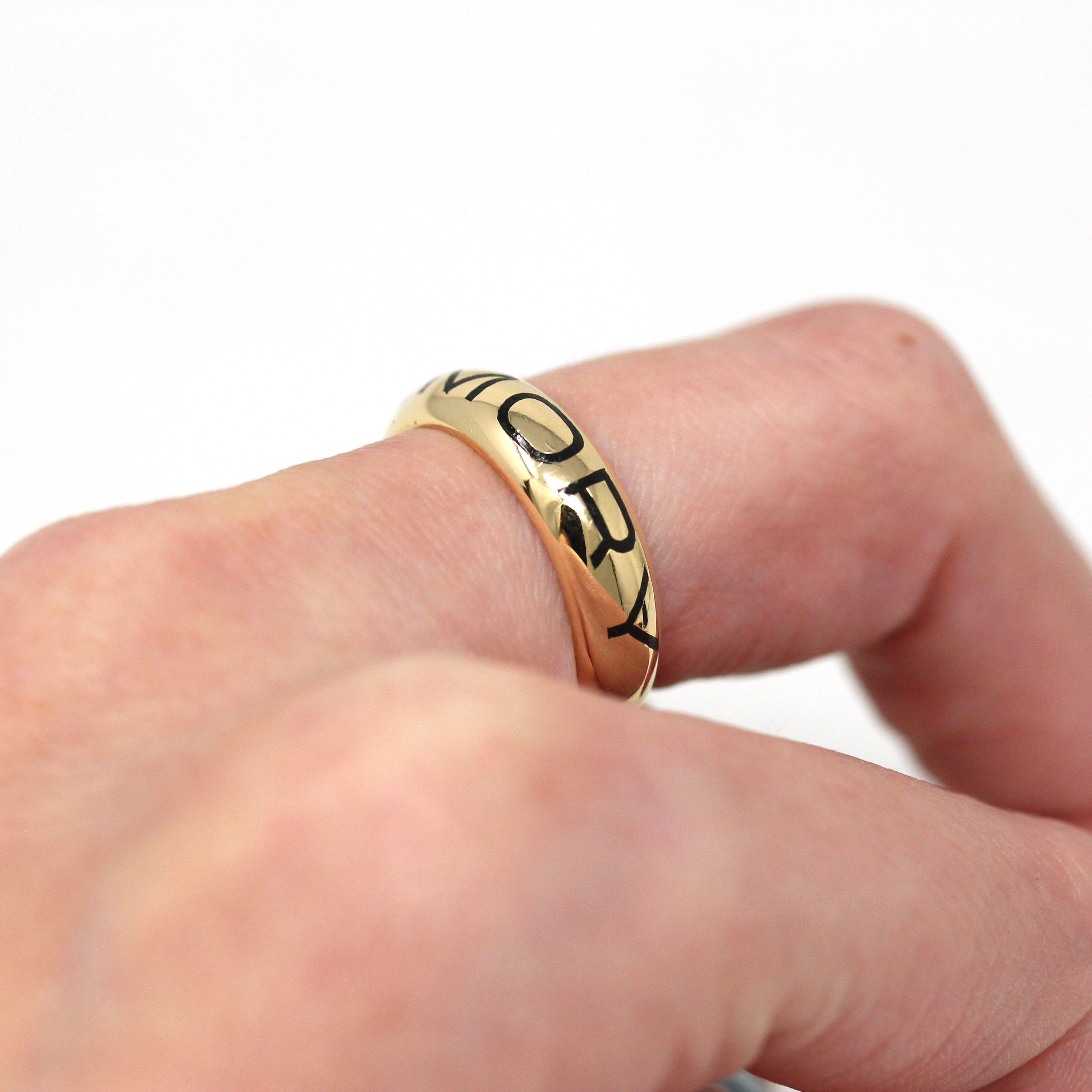 Gold Memorial Band - Modern Estate 14k Yellow Gold "In Memory Of" Ring - Size 6 Heavy Black Enamel Fine 5.5 mm Antique Style Jewelry