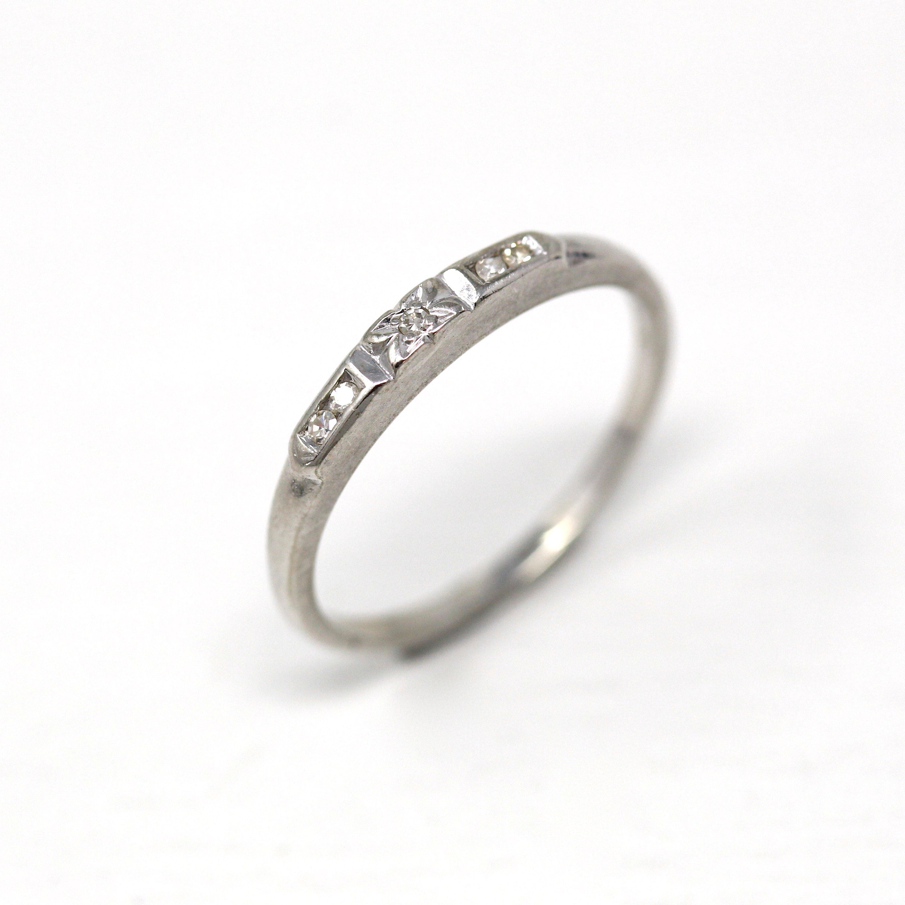 Mid Century Band - Vintage 18k White Gold .04 CTW Genuine Single Cut Diamonds Ring - Circa 1950s Era Size 6 Bridal Wedding Fine 50s Jewelry