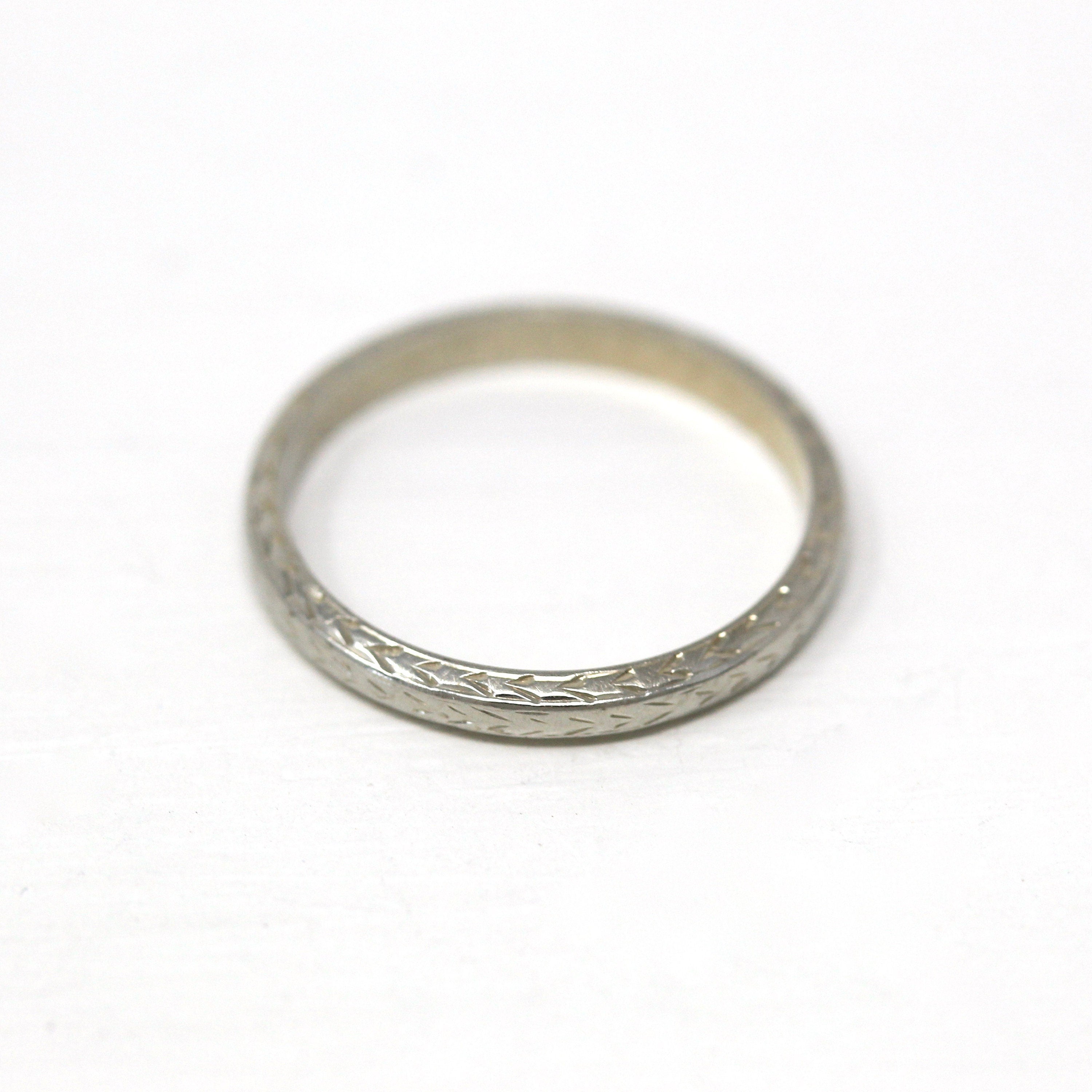 Antique Wedding Band - Art Deco Era 18k White Gold Eternity Wheat Design Ring - Vintage Circa 1920s Size 6.5 Wedding Bridal Fine Jewelry