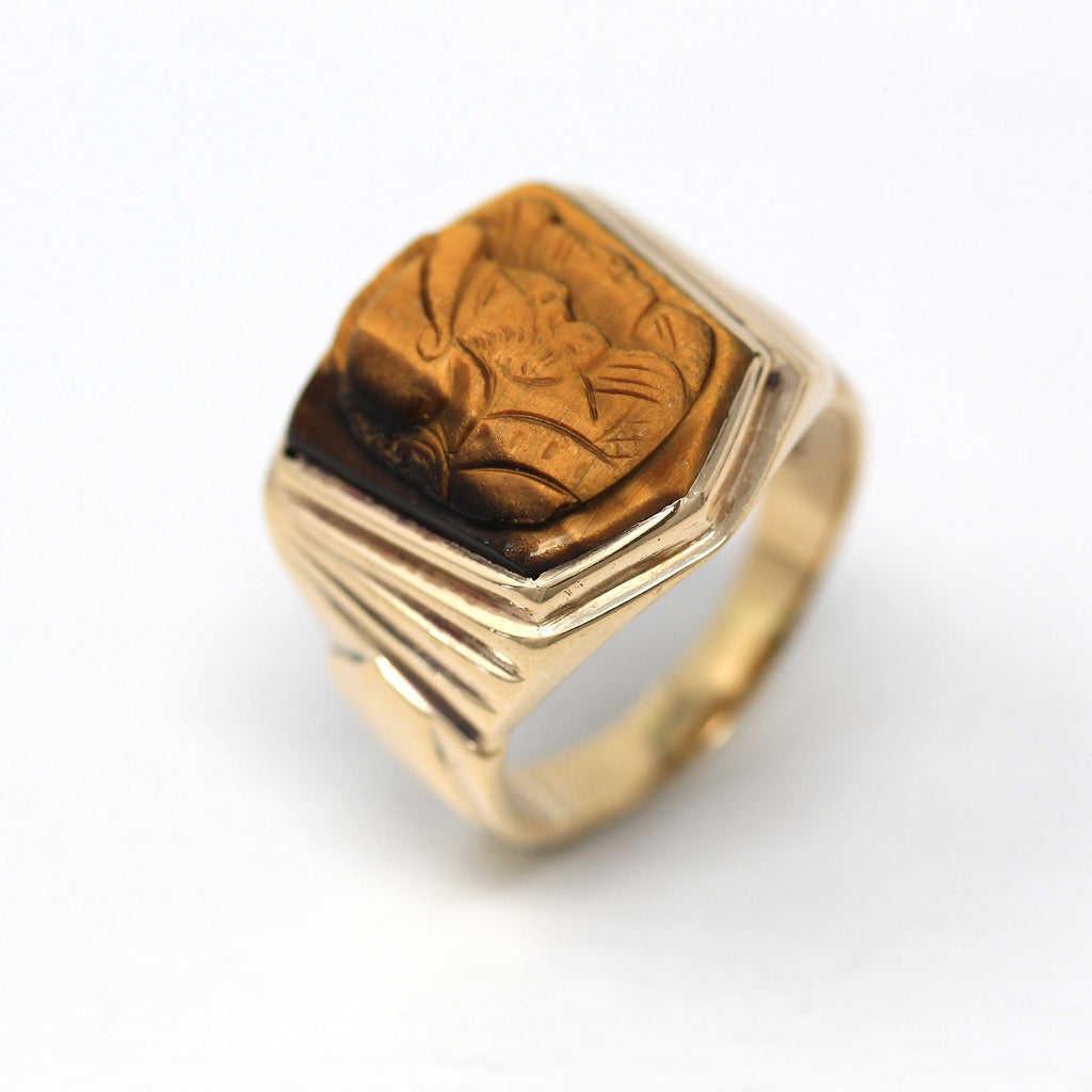 Tiger's Eye Ring - Retro 10k Yellow Gold Genuine Carved Warriors Brown Gemstone - Vintage Circa 1960s Era Size 10 3/4 Statement Fine Jewelry