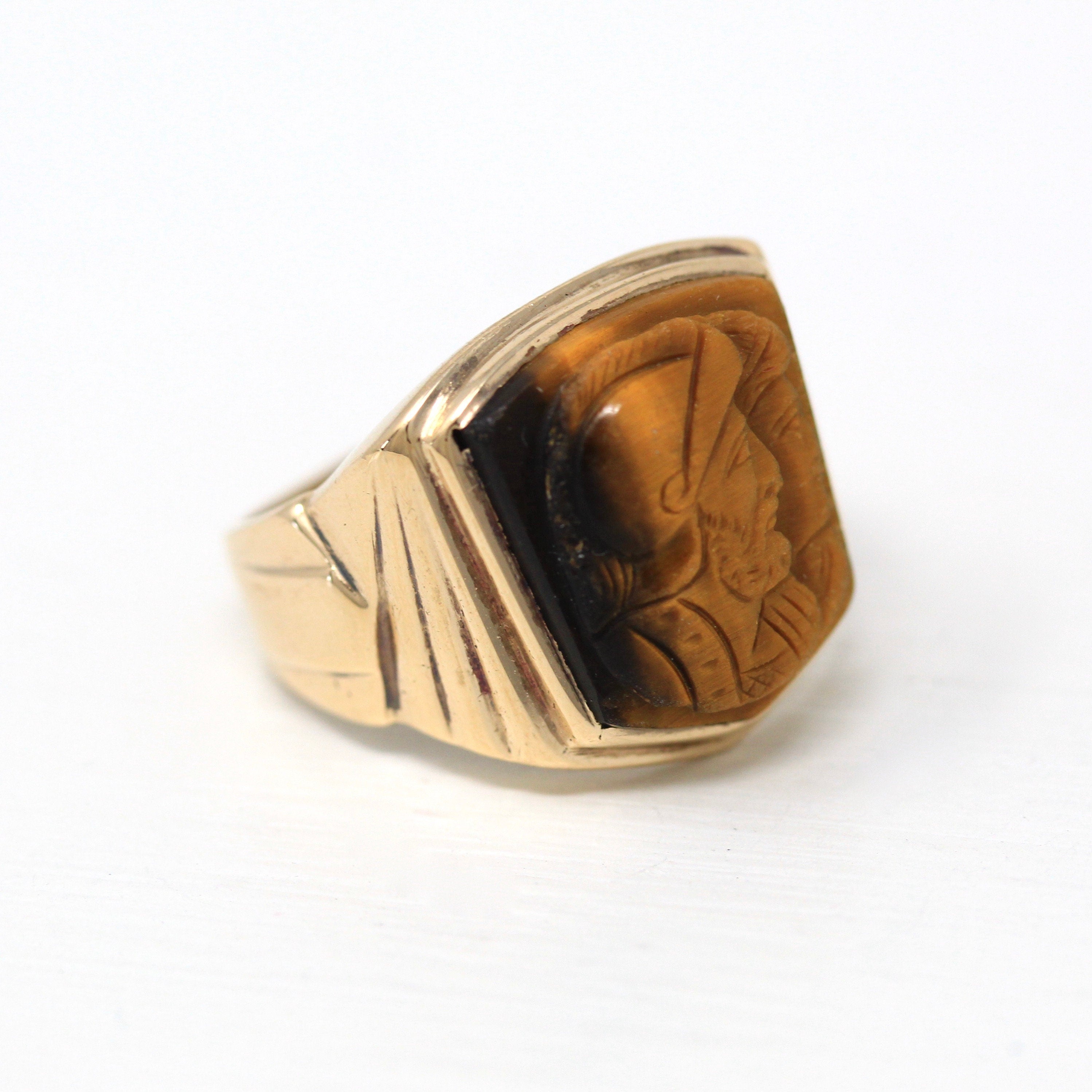 Tiger's Eye Ring - Retro 10k Yellow Gold Genuine Carved Warriors Brown Gemstone - Vintage Circa 1960s Era Size 10 3/4 Statement Fine Jewelry