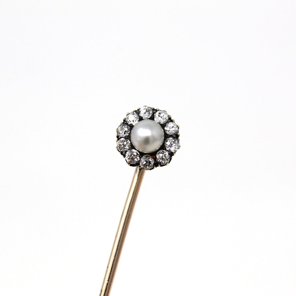 Antique Stick Pin - Victorian 10k Yellow Gold Cultured Pearl Old European Diamond Halo - Vintage Circa 1890s Era Fashion Accessory Jewelry