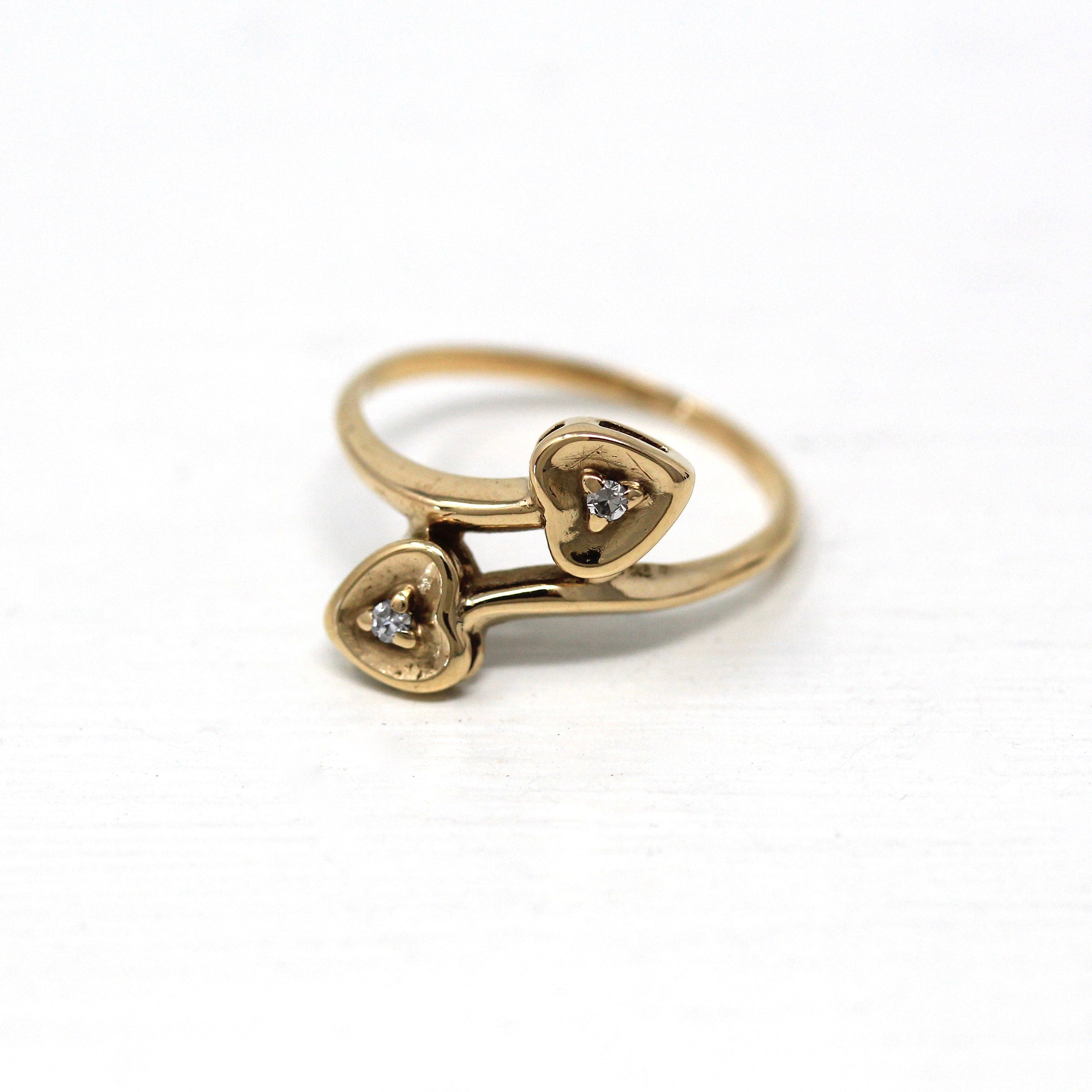 Double Heart Ring - Retro 10k Yellow Gold Genuine .014 CTW Diamonds Promise Anniversary - Vintage Circa 1960s Era Size 5 3/4 Fine Jewelry