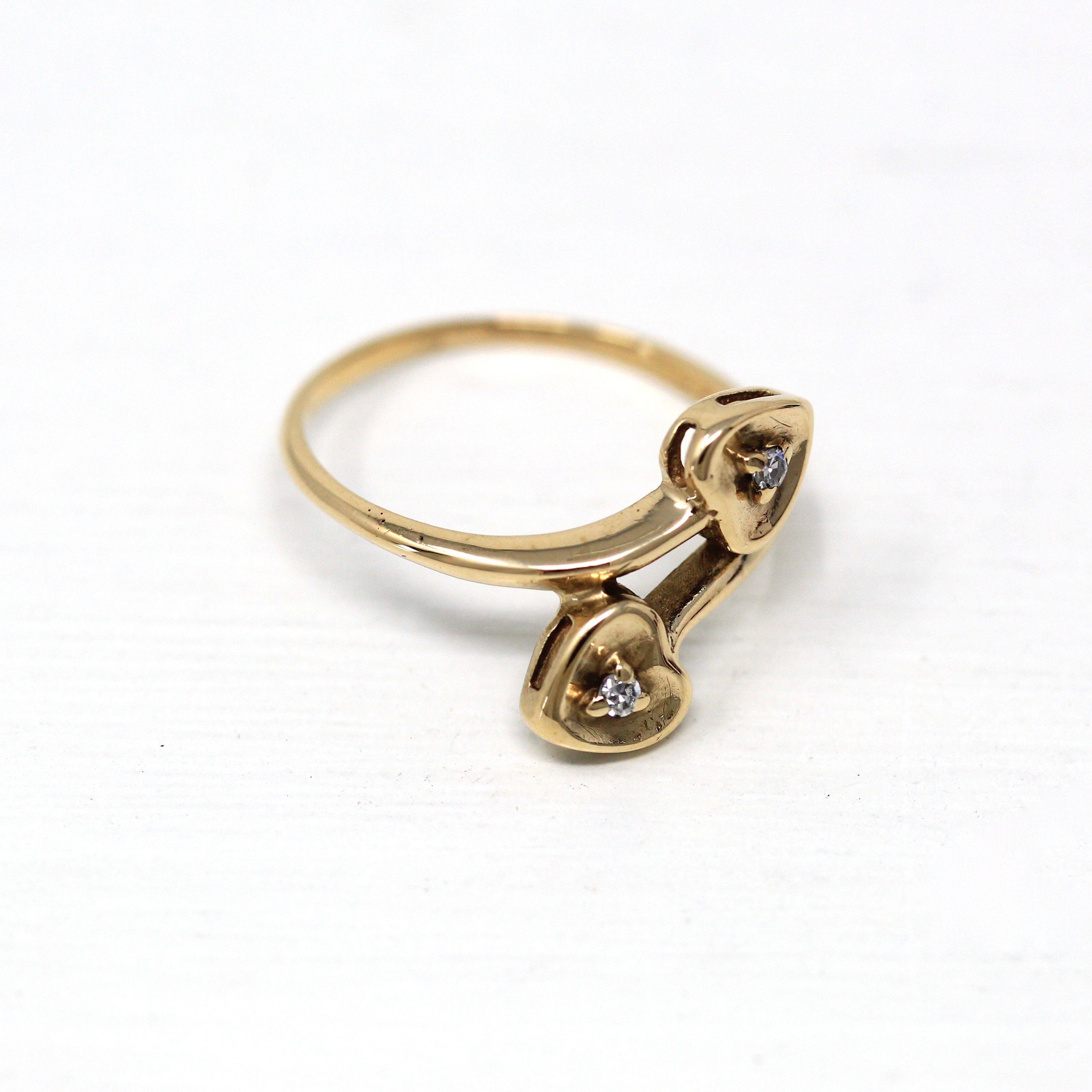 Double Heart Ring - Retro 10k Yellow Gold Genuine .014 CTW Diamonds Promise Anniversary - Vintage Circa 1960s Era Size 5 3/4 Fine Jewelry