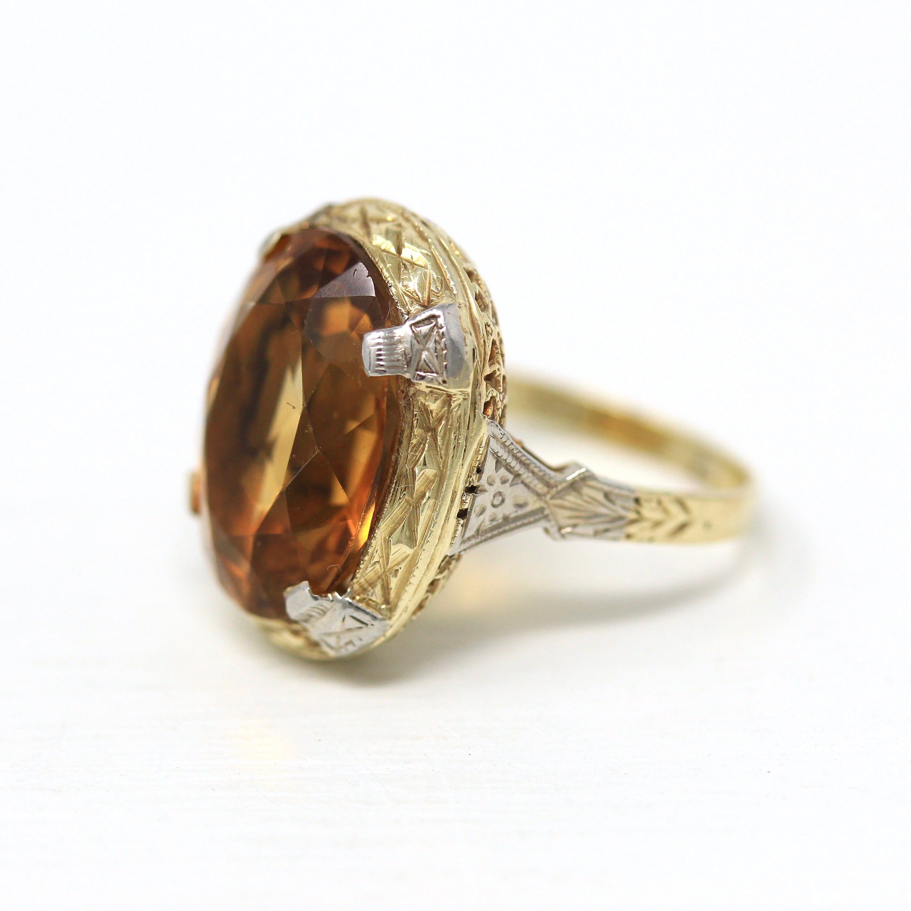 Genuine Citrine Ring - Art Deco 10k Yellow White Gold Filigree Oval 7.41 CT Gemstone - Vintage Circa 1930s Era Size 5 1/4 Fine Jewelry