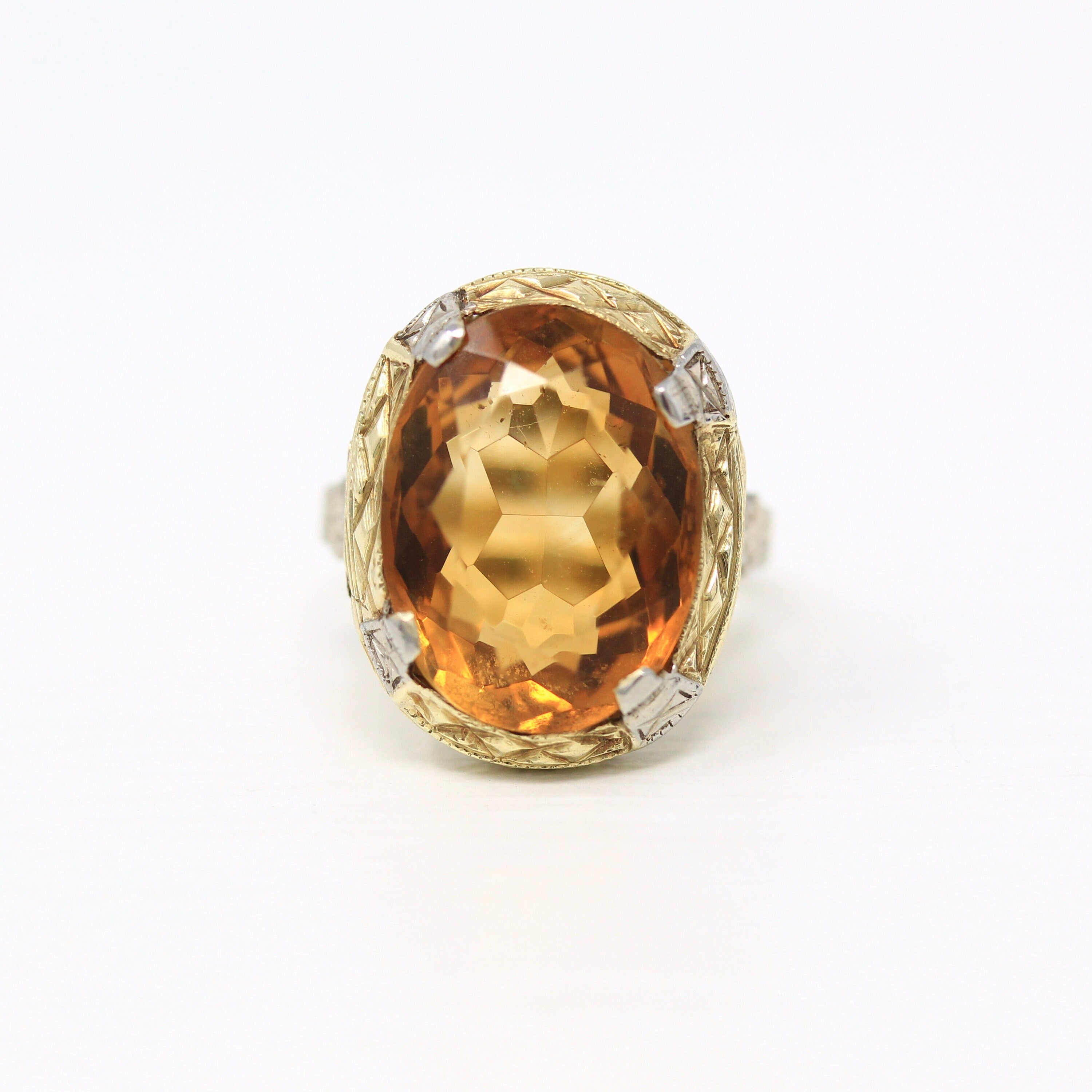 Genuine Citrine Ring - Art Deco 10k Yellow White Gold Filigree Oval 7.41 CT Gemstone - Vintage Circa 1930s Era Size 5 1/4 Fine Jewelry