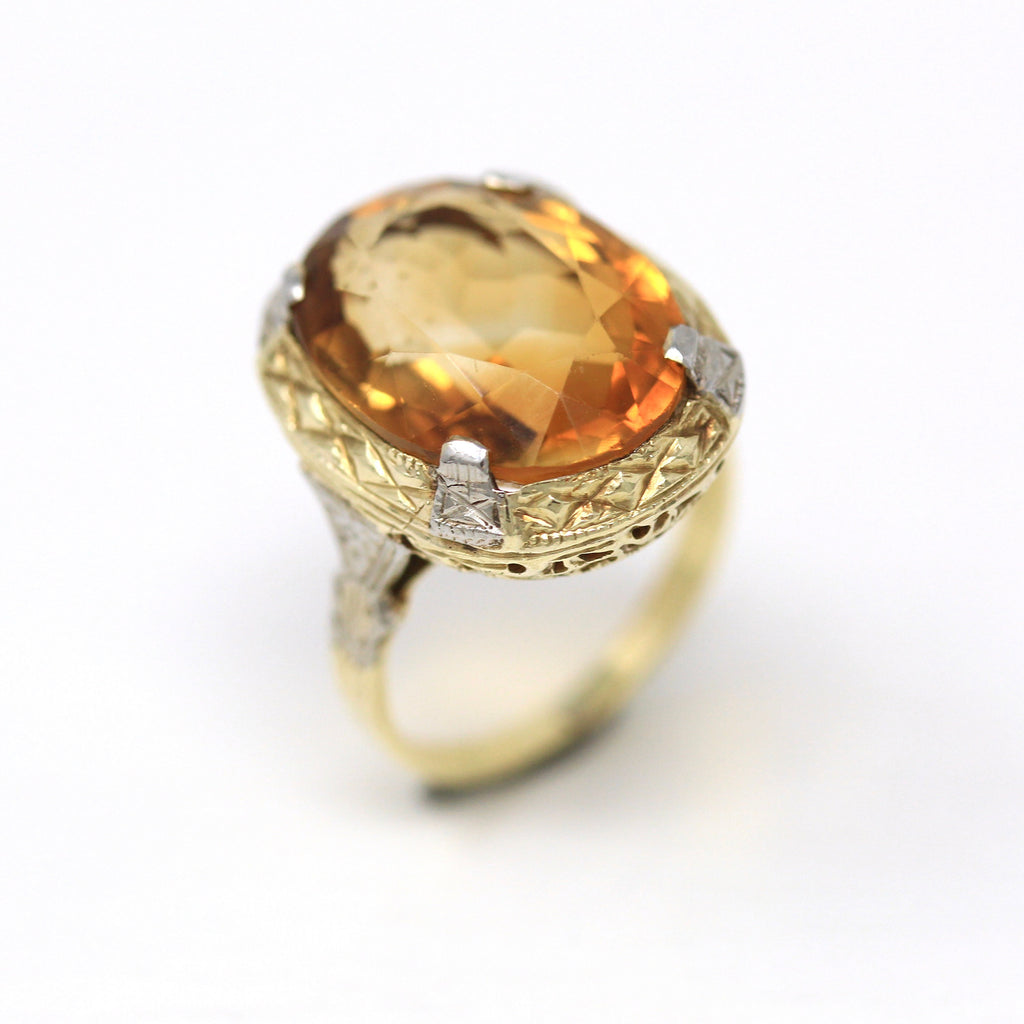 Genuine Citrine Ring - Art Deco 10k Yellow White Gold Filigree Oval 7.41 CT Gemstone - Vintage Circa 1930s Era Size 5 1/4 Fine Jewelry