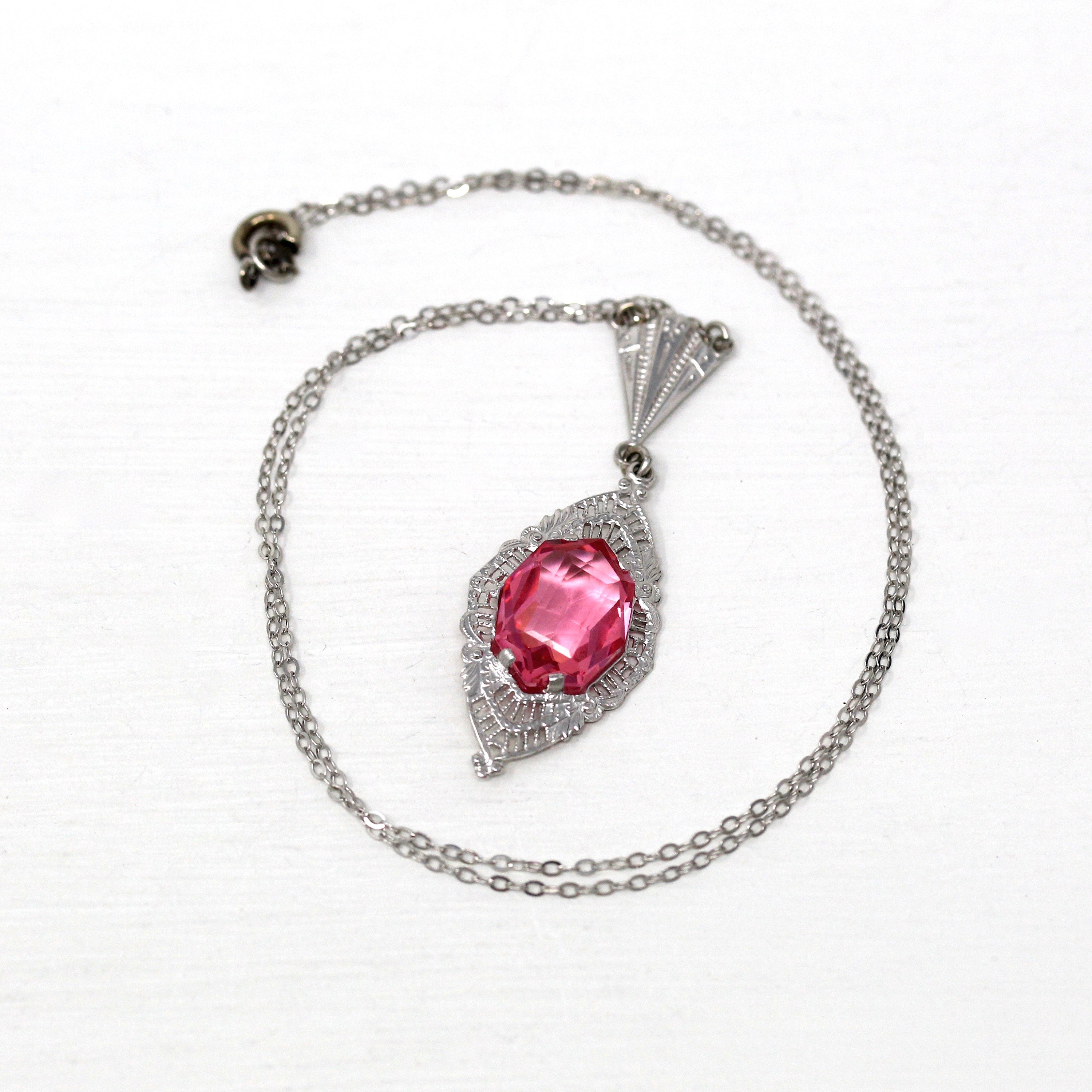 Art Deco Lavalier - Vintage 10k White Gold Fancy Cut Pink Glass Stone Necklace - Circa 1930s Era Fine Simulated Sapphire 30s Fine Jewelry