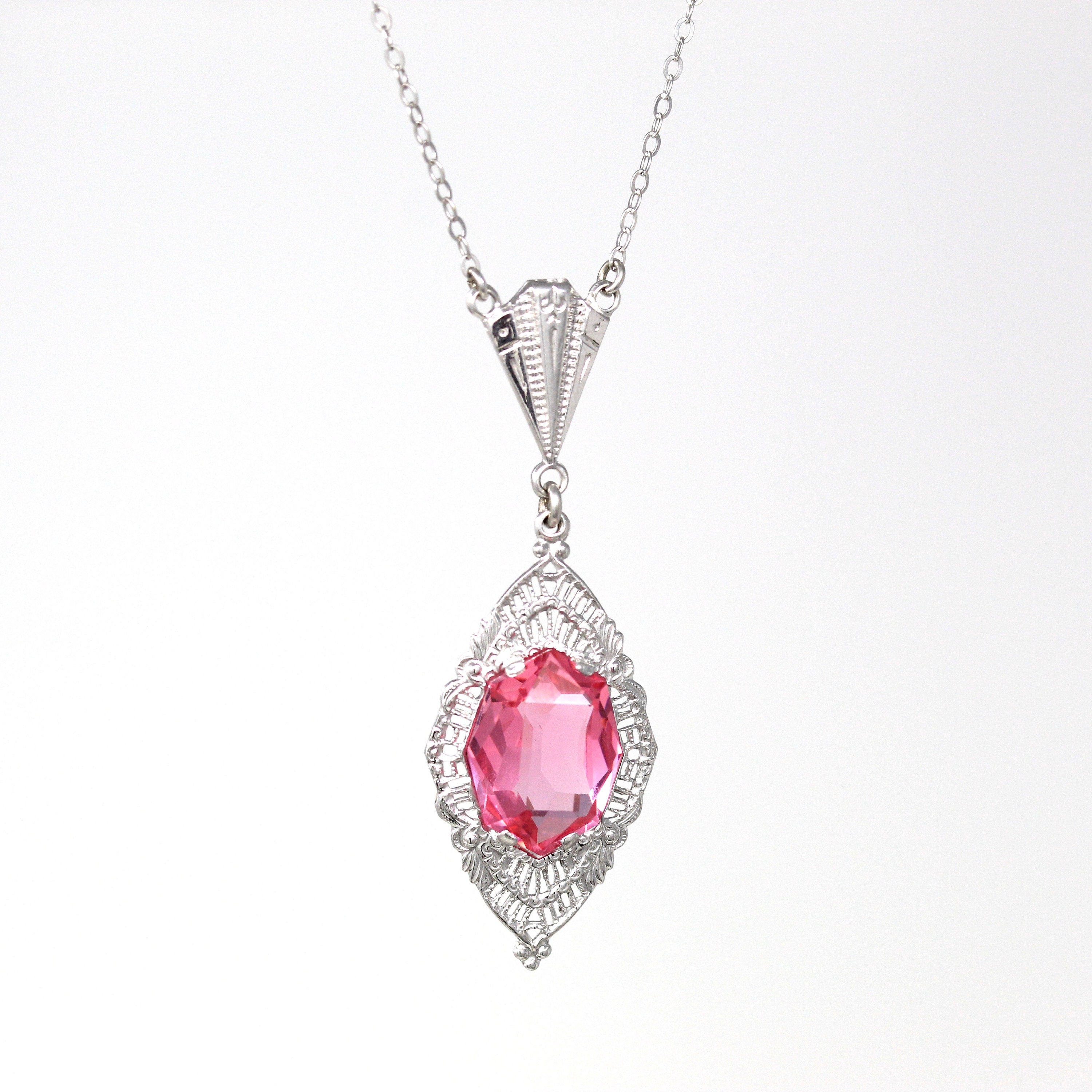 Art Deco Lavalier - Vintage 10k White Gold Fancy Cut Pink Glass Stone Necklace - Circa 1930s Era Fine Simulated Sapphire 30s Fine Jewelry