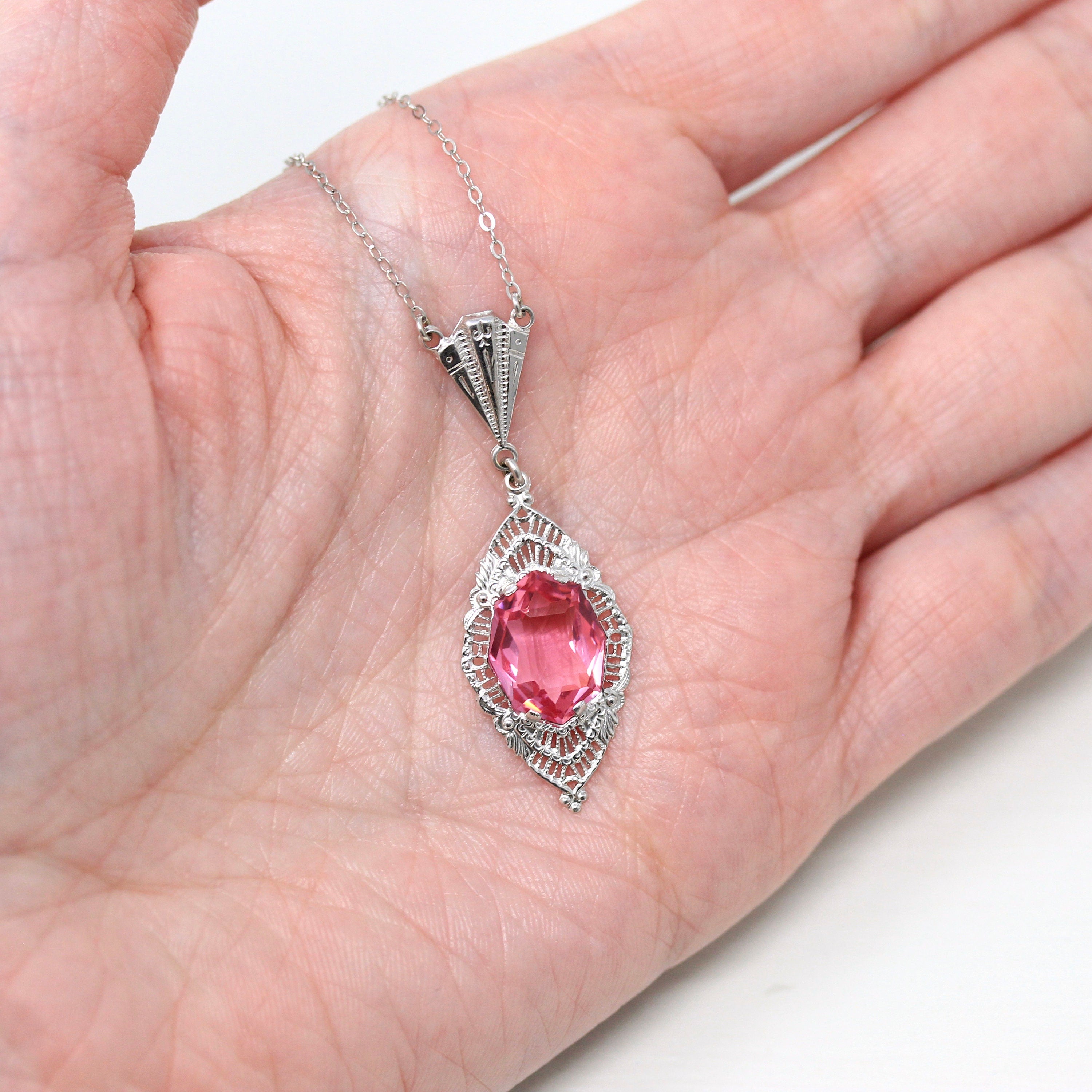 Art Deco Lavalier - Vintage 10k White Gold Fancy Cut Pink Glass Stone Necklace - Circa 1930s Era Fine Simulated Sapphire 30s Fine Jewelry