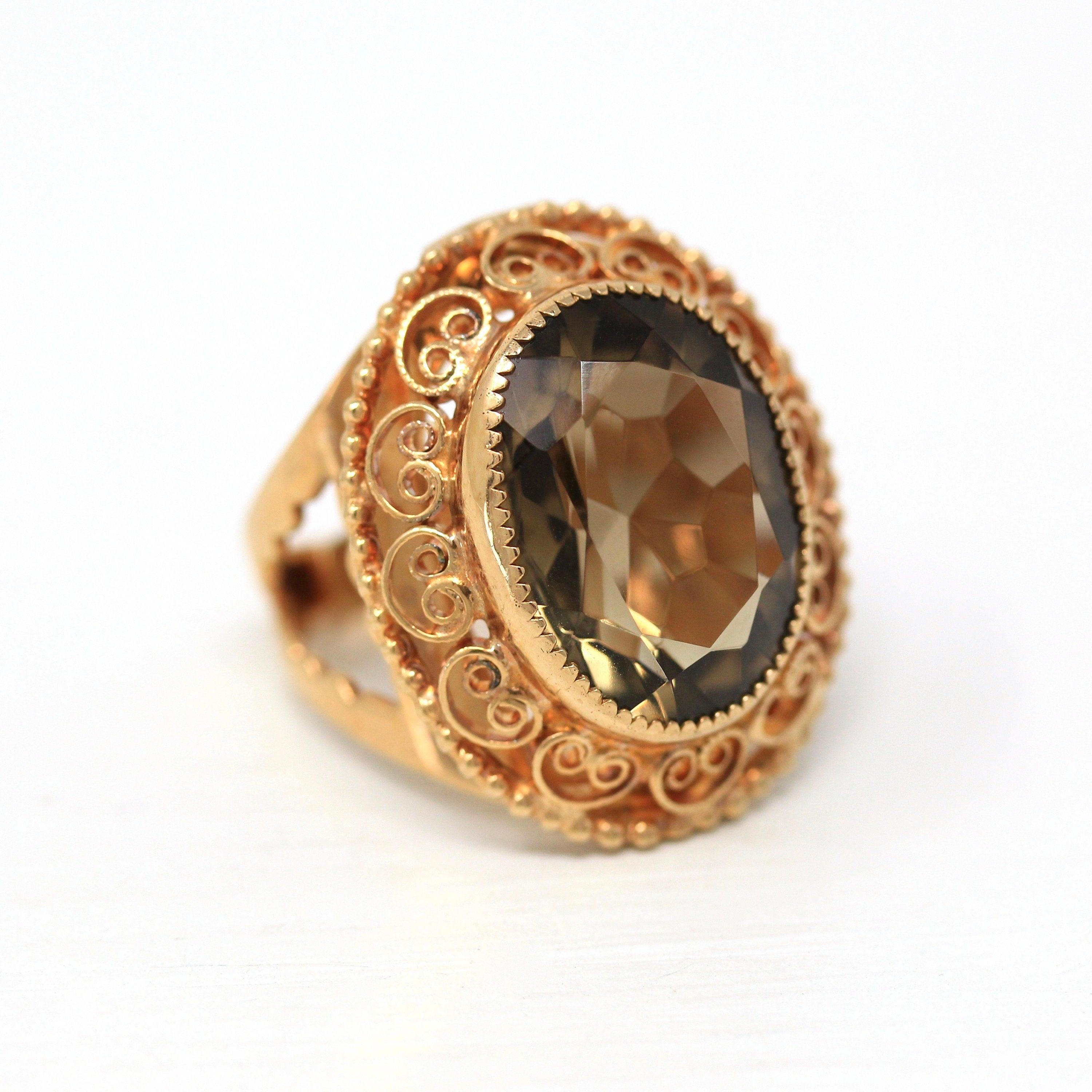 Smoky Quartz Ring - Retro 12k Gold Filled Oval Cut 8.59 ct Gem - Vintage Circa 1960s Era Size 6 Adjustable Statement Cocktail Jewelry