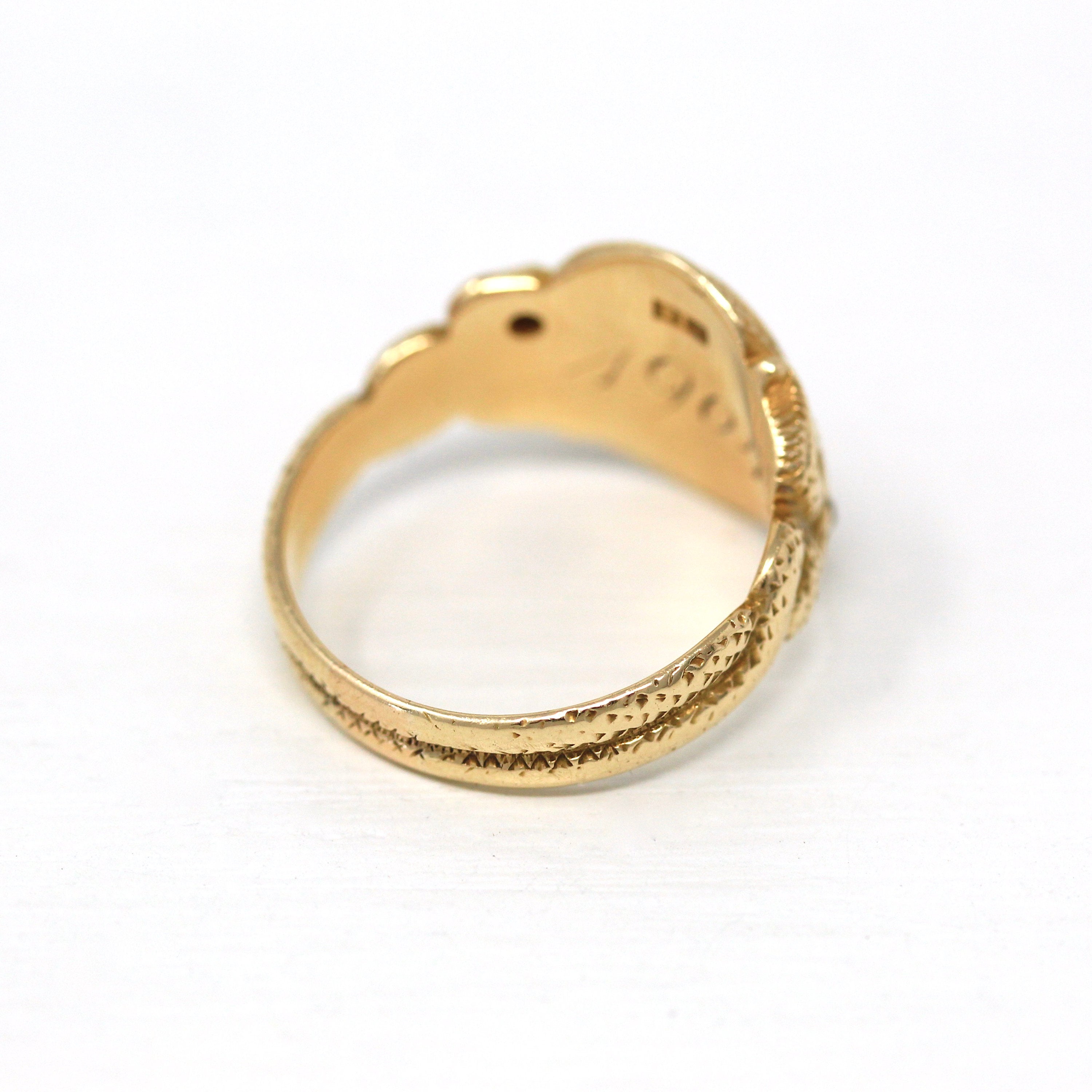 Snake Signet Ring - Edwardian Era 14k Yellow Gold Engraved Initials JPW Letters - Antique Dated 1904 Size 7 Fine Diamond Rare Jewelry