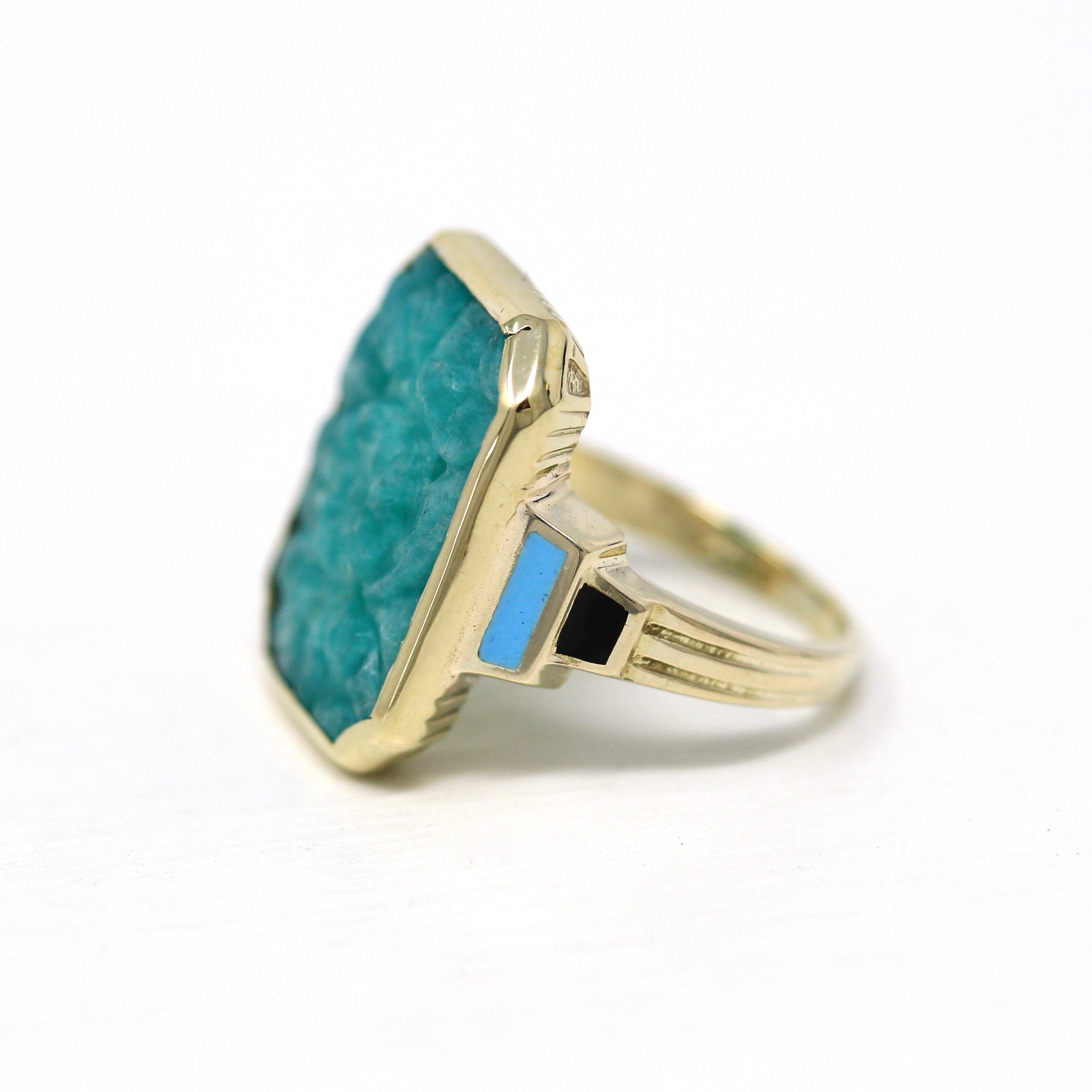 Vintage Amazonite Ring - Art Deco 10k Yellow Gold Carved Floral Gemstone - Antique Circa 1930s Size 3 Blue & Black Enamel Fine Jewelry