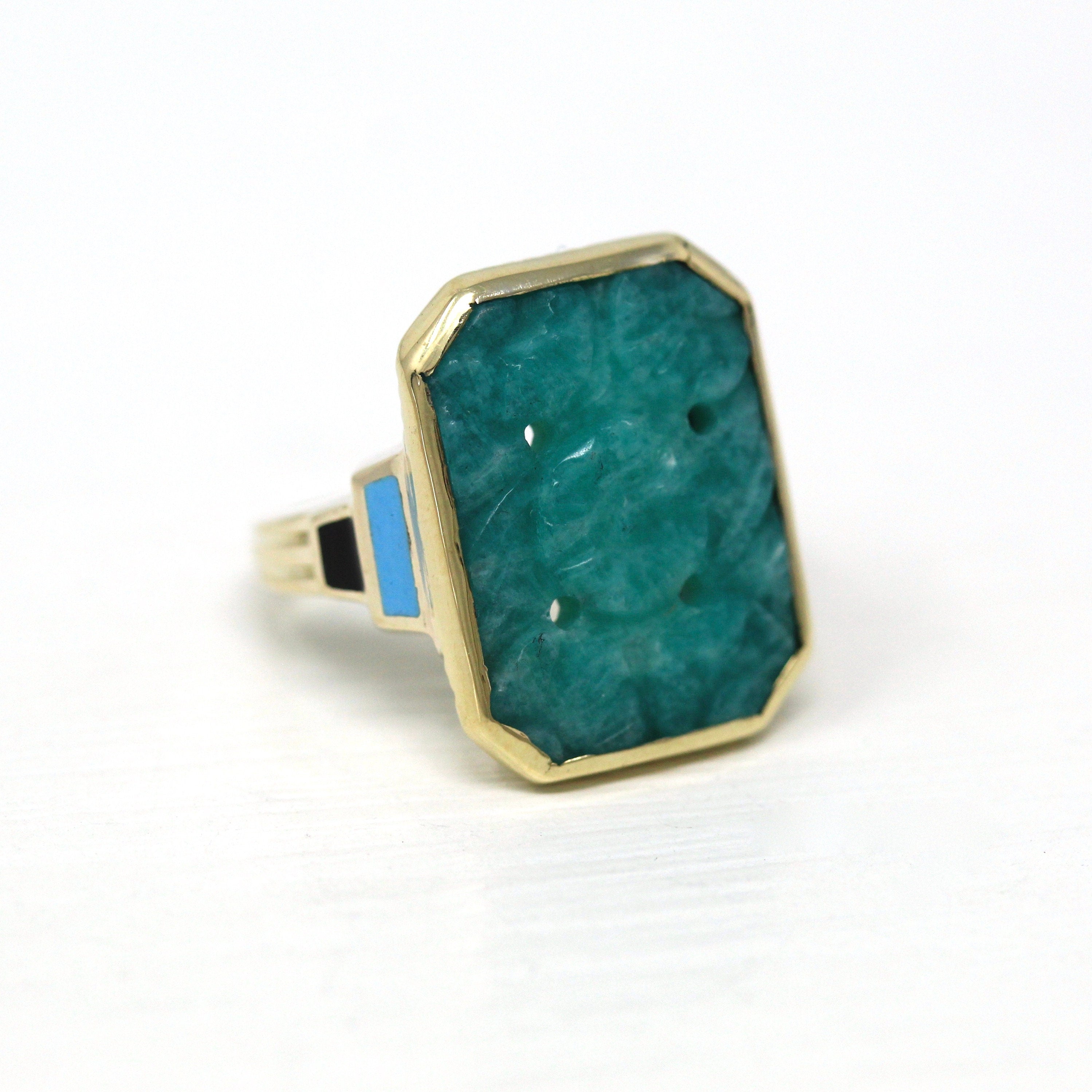 Vintage Amazonite Ring - Art Deco 10k Yellow Gold Carved Floral Gemstone - Antique Circa 1930s Size 3 Blue & Black Enamel Fine Jewelry