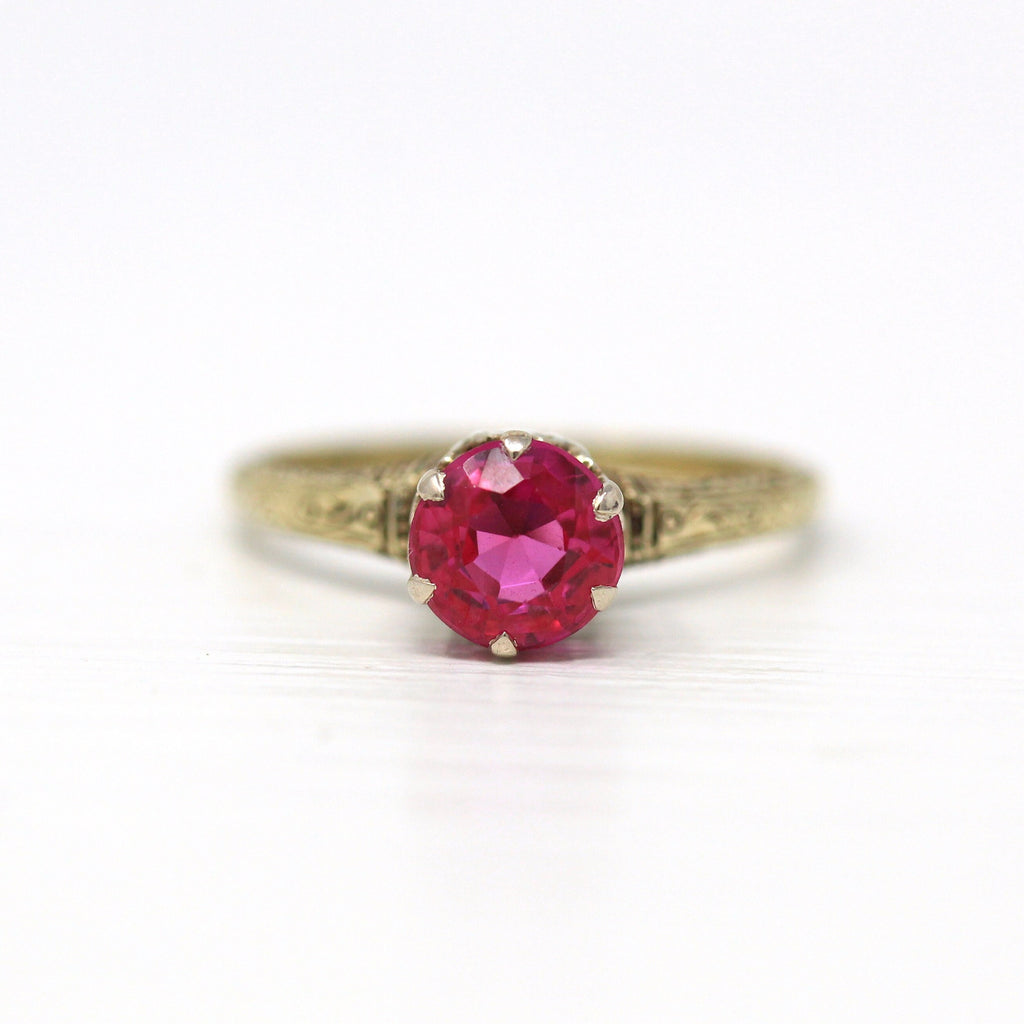 Created Ruby Ring - Edwardian 14k Yellow & White Gold Round Faceted 1.09 ct Red Pink Stone - Antique 1910s Era Size 6 Fine Solitaire Jewelry