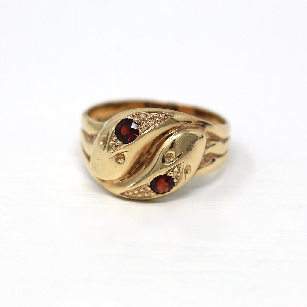 Double Snake Ring - Retro 9k Yellow Gold Genuine .36 CTW Garnets - Vintage Hallmarked 1955 Chester England Size 10 3/4 Serpents Fine Jewelry