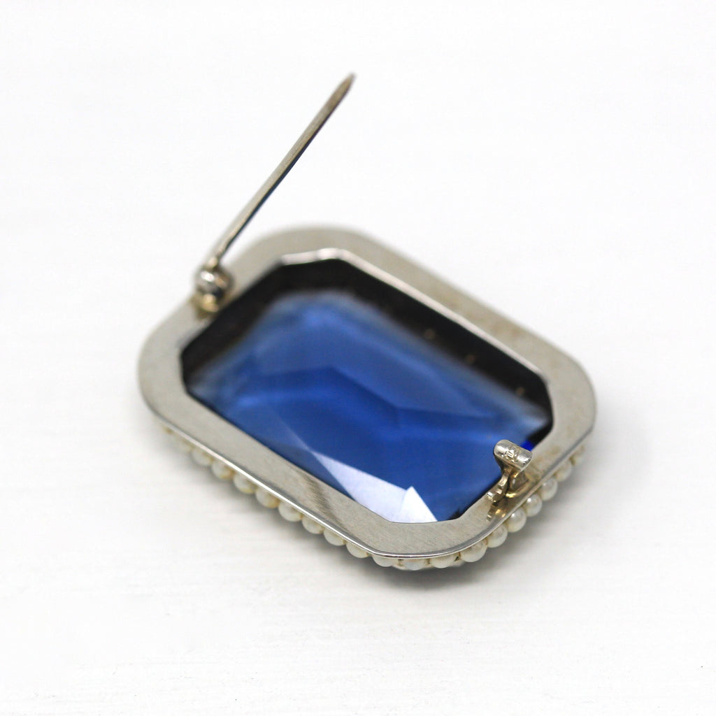 Art Deco Brooch - Vintage 10k White Gold Seed Pearl & Simulated Sapphire Statement Pin - Circa 1930s Era Blue Glass 30s Fine Jewelry