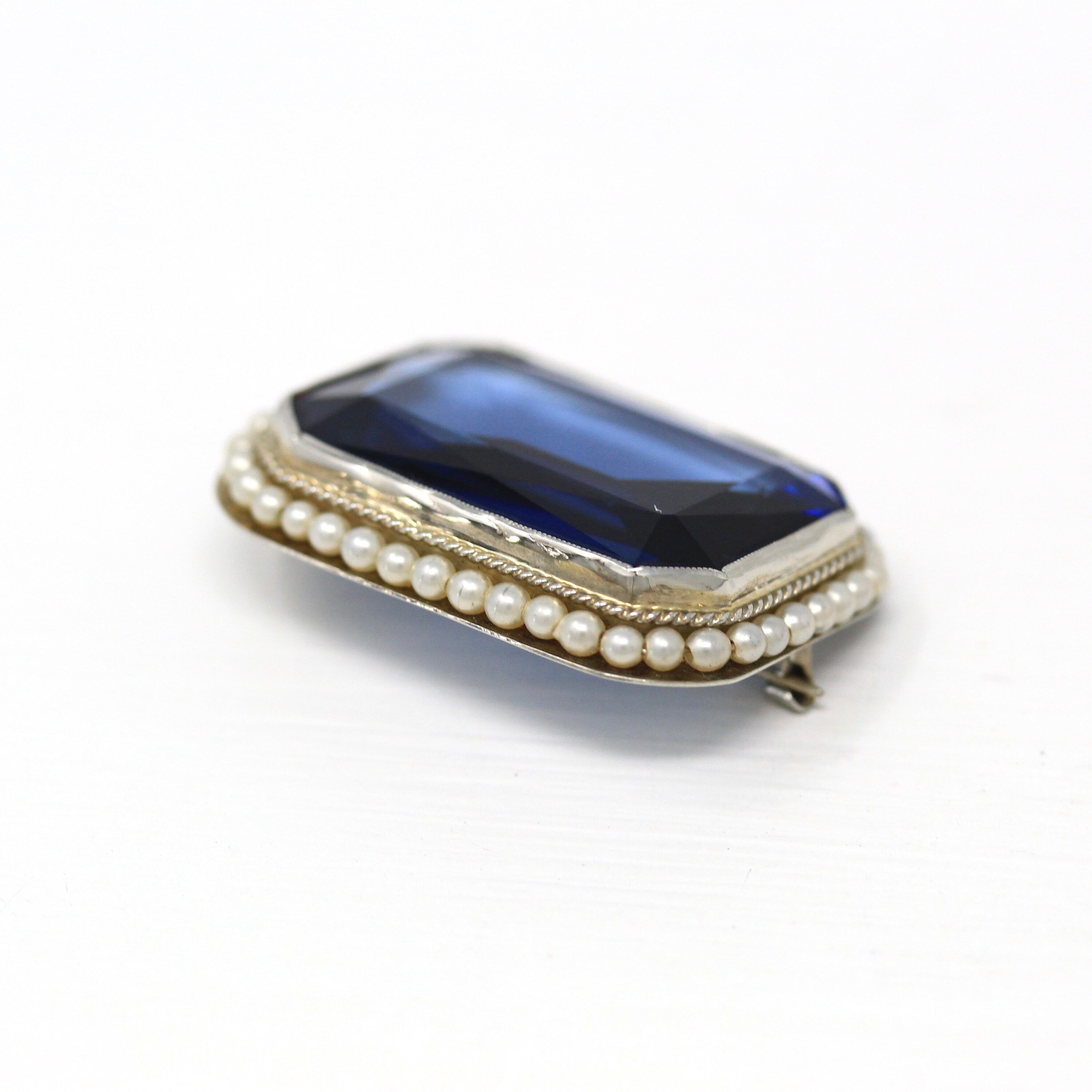 Art Deco Brooch - Vintage 10k White Gold Seed Pearl & Simulated Sapphire Statement Pin - Circa 1930s Era Blue Glass 30s Fine Jewelry