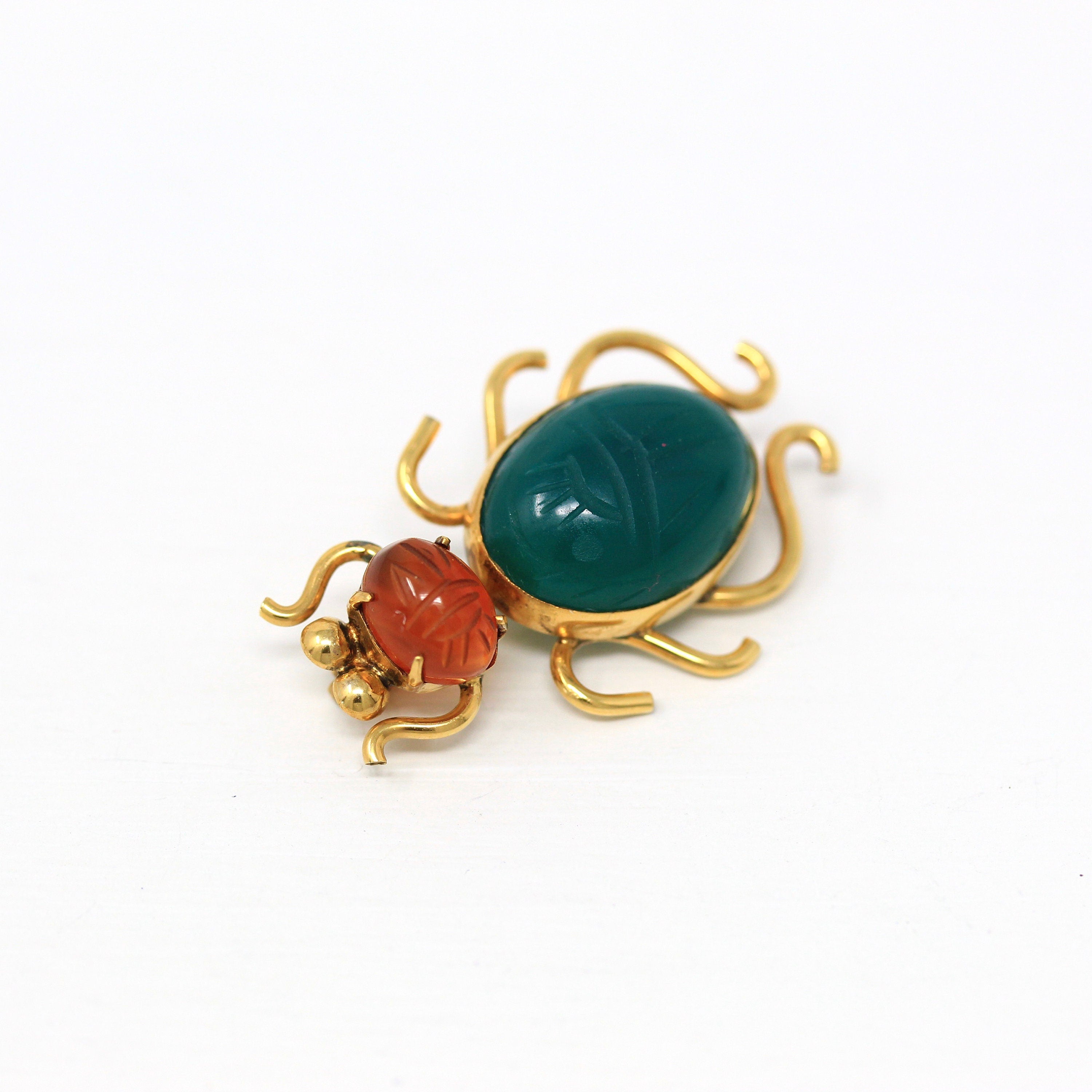 Vintage Bug Brooch - Retro 12k Gold Filled Genuine Carnelian Dyed Green Chalcedony Scarab Pin - Circa 1960s Era Beetle Insect WRE Jewelry