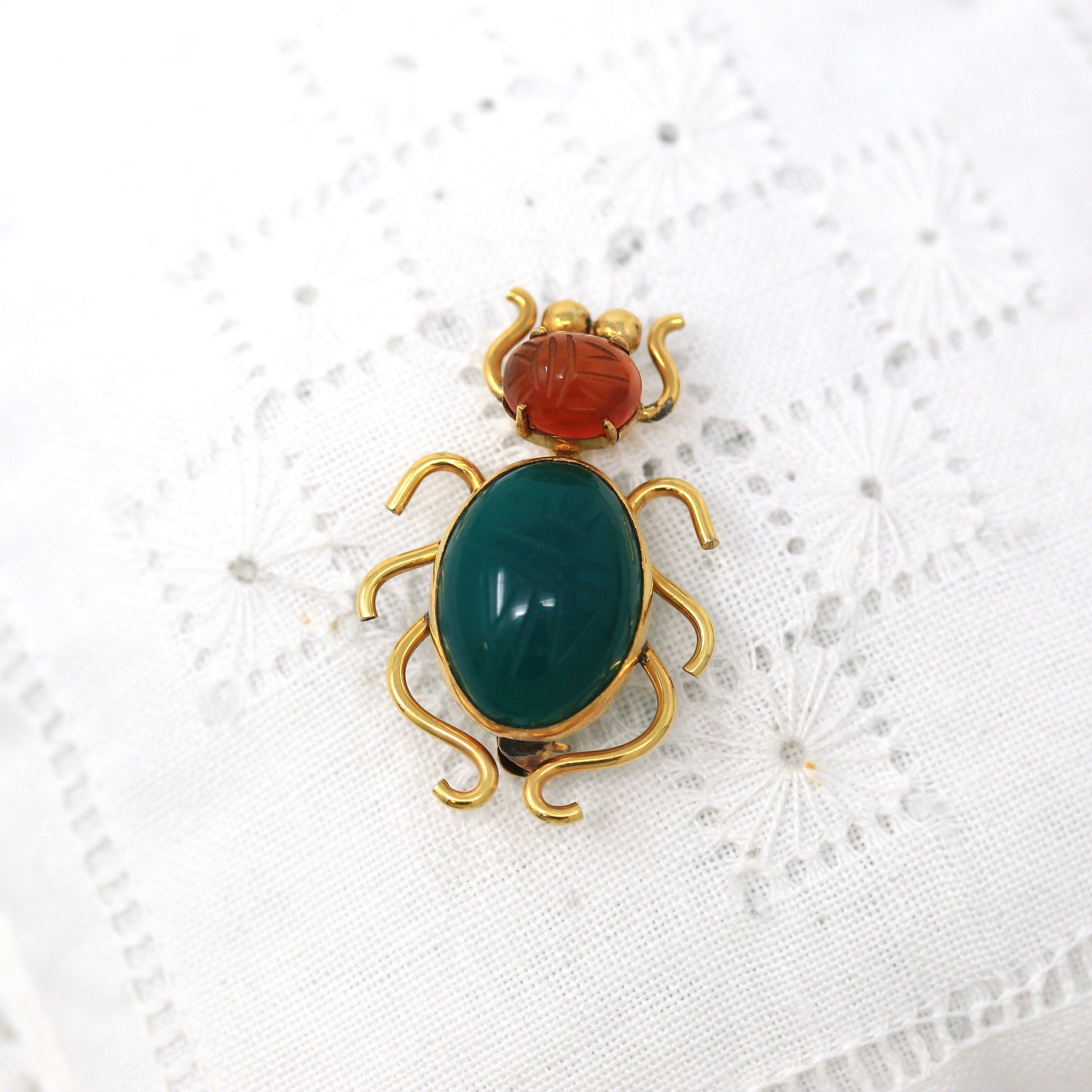 Vintage Bug Brooch - Retro 12k Gold Filled Genuine Carnelian Dyed Green Chalcedony Scarab Pin - Circa 1960s Era Beetle Insect WRE Jewelry