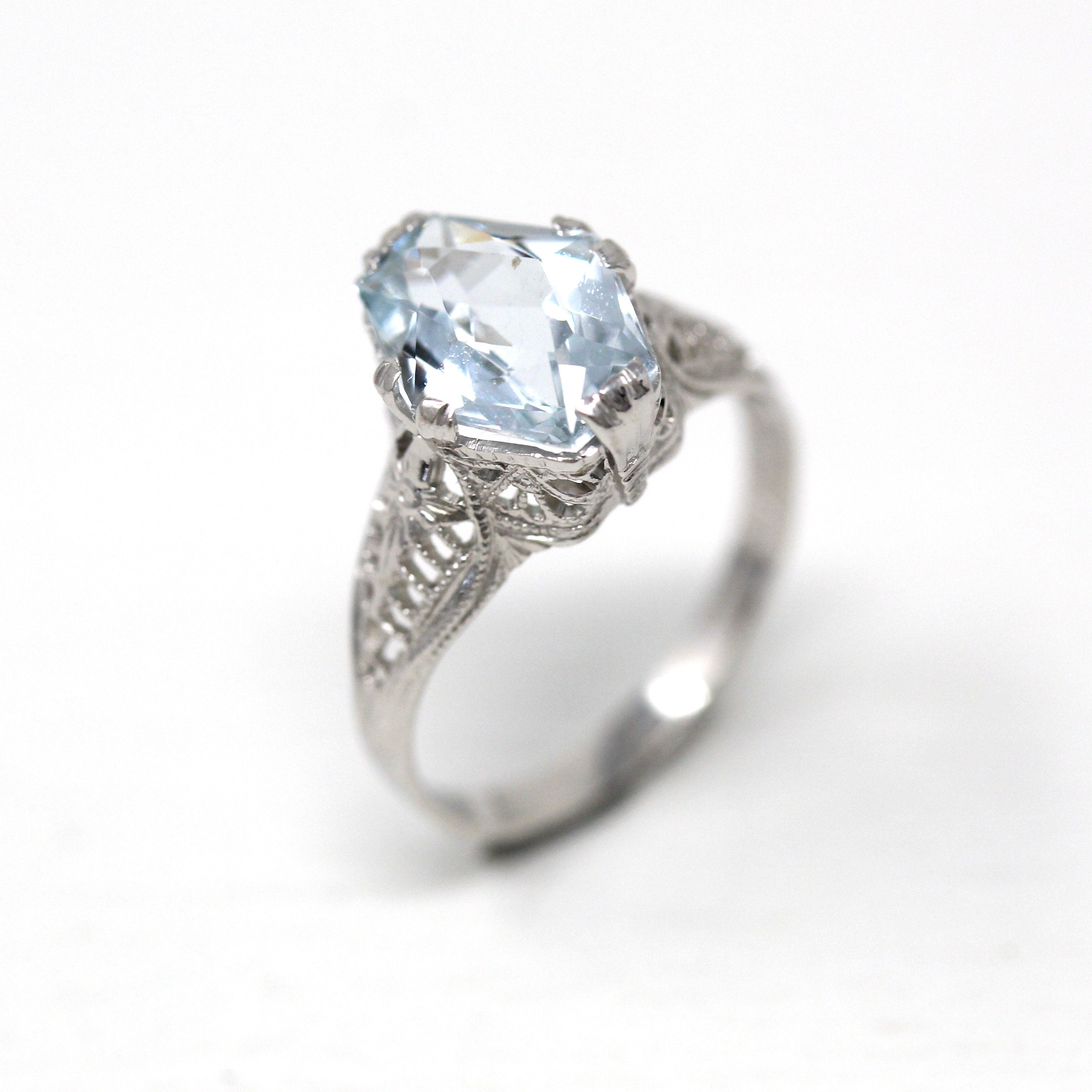 Sale Genuine Aquamarine Ring Art Deco 14K White Gold Fancy Cut Pale Blue Gem Vintage Circa 1930s Size 5 1 4 Flower Filigree Jewelry
