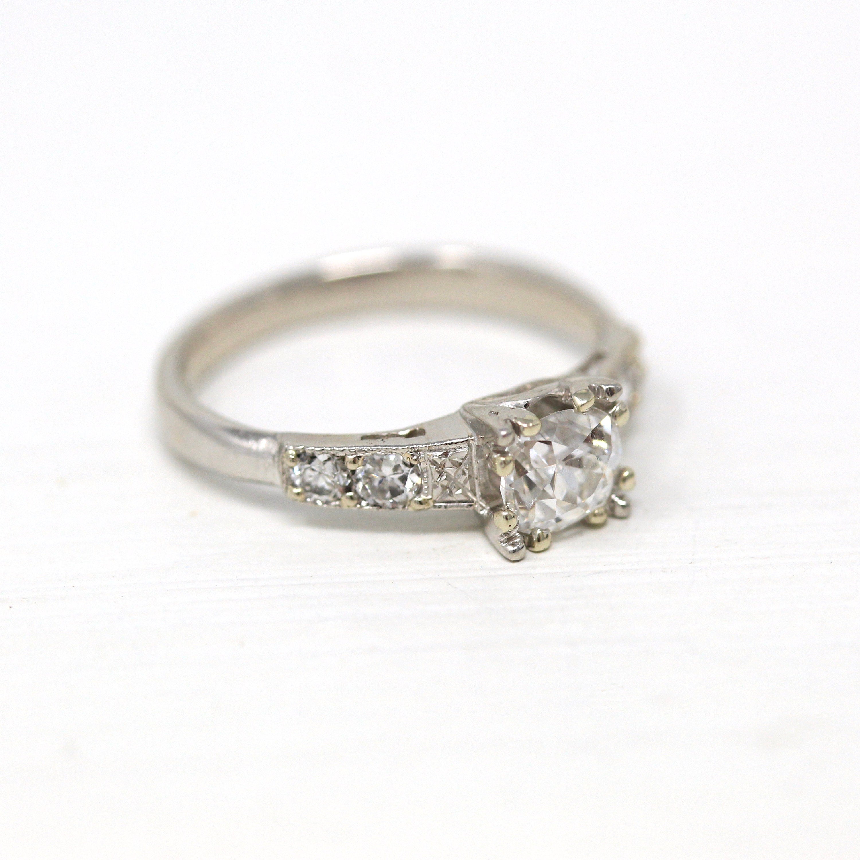 Vintage Engagement Ring - Mid Century Era Platinum & Genuine 0.7 CT Diamond Gemstone - Circa 1950s Size 5.5 Classic Bridal Jewelry W/ Report