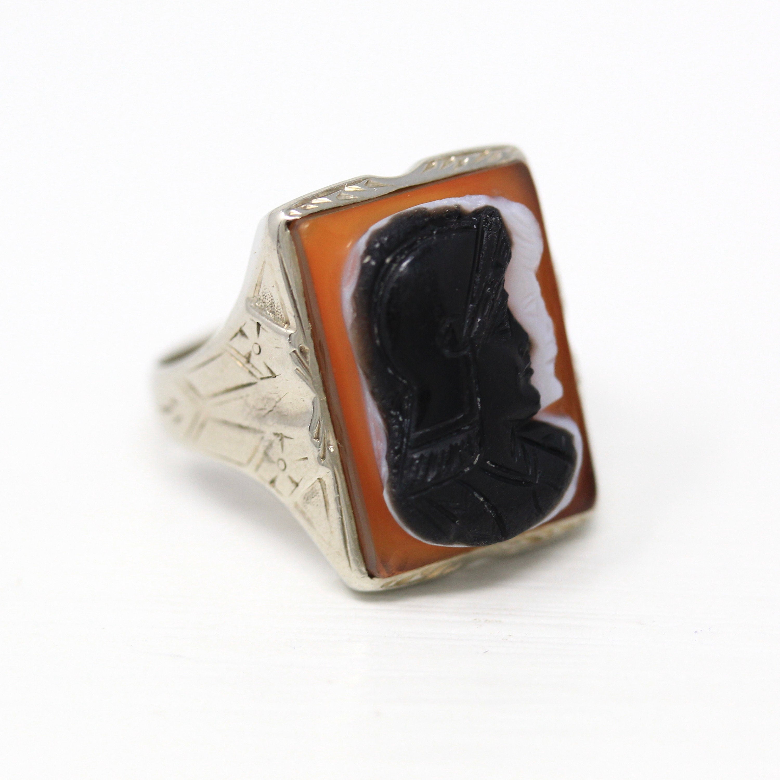 Art Deco Ring - Vintage 10k White Gold Engraved Designs Genuine Sardonyx Warrior Cameo - Circa 1930s Era Size 10 1/2 Statement Fine Jewelry