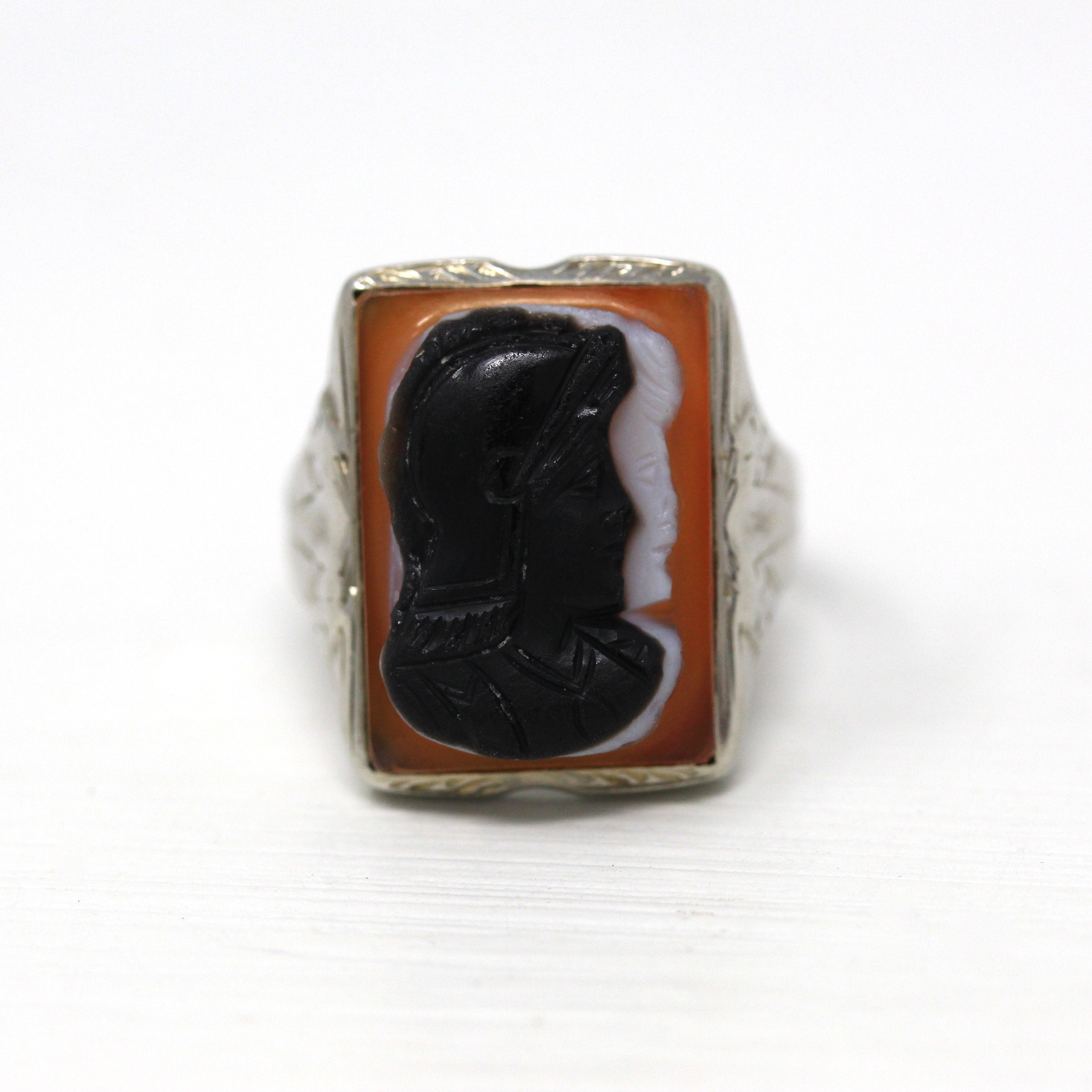 Art Deco Ring - Vintage 10k White Gold Engraved Designs Genuine Sardonyx Warrior Cameo - Circa 1930s Era Size 10 1/2 Statement Fine Jewelry