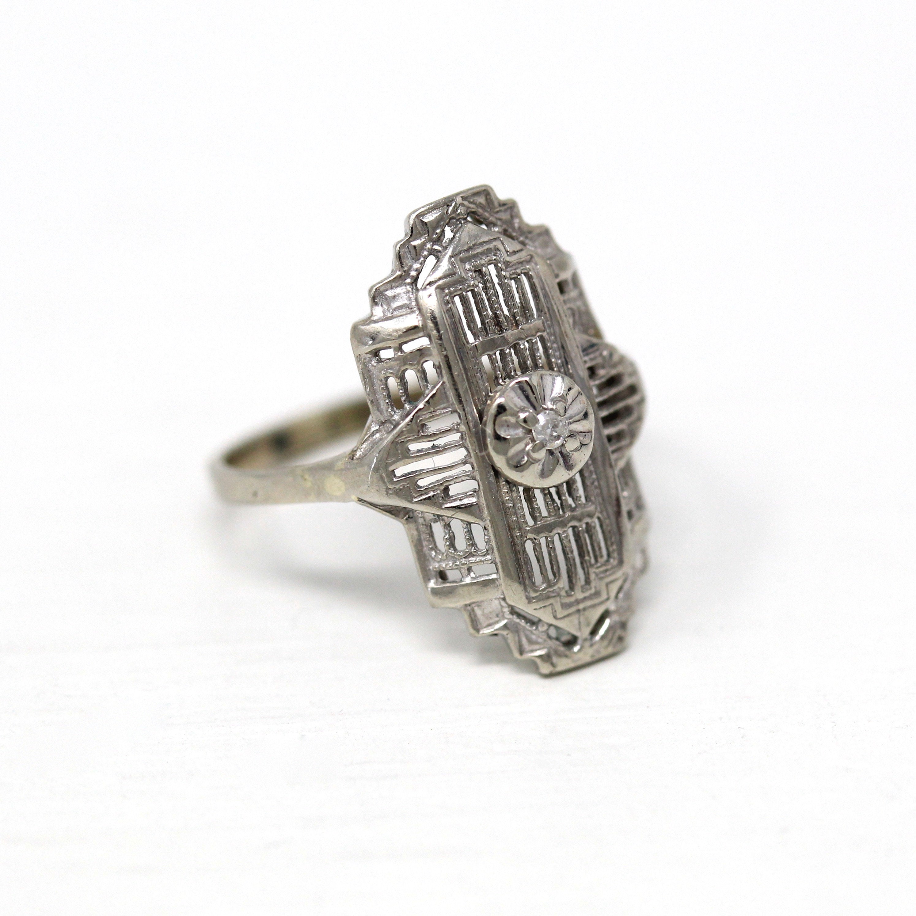 Vintage Shield Ring - Mid Century 10k White Gold Genuine .005 CT Diamond - Circa 1950s Era Size 3 3/4 Fine 50s Statement Filigree Jewelry