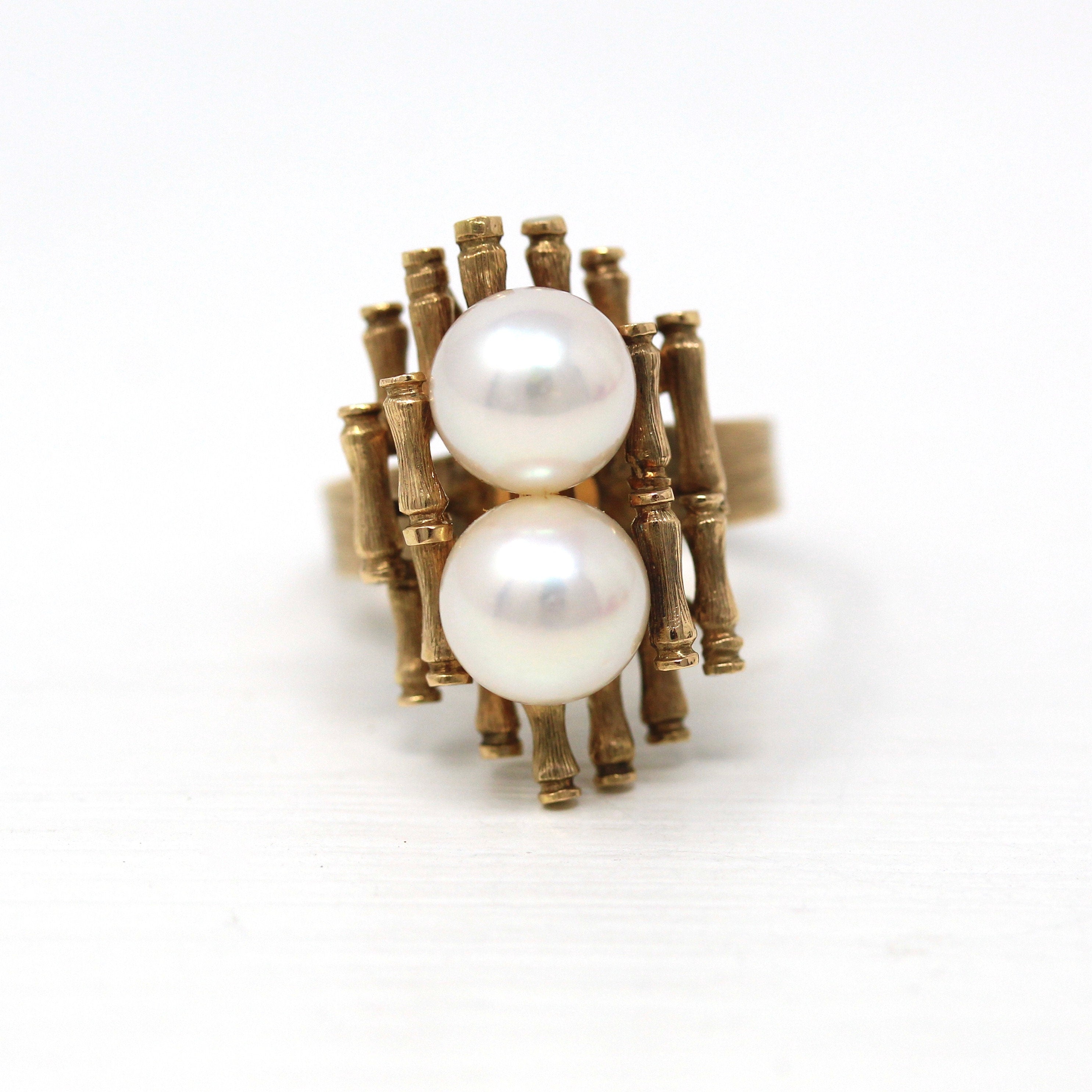 Cultured Pearl Ring - Retro 14k Yellow Gold Bamboo Branches Statement - Vintage Circa 1970s Era Size 6 1/2 Manchu Gems Original Box Jewelry