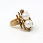 Cultured Pearl Ring - Retro 14k Yellow Gold Bamboo Branches Statement - Vintage Circa 1970s Era Size 6 1/2 Manchu Gems Original Box Jewelry