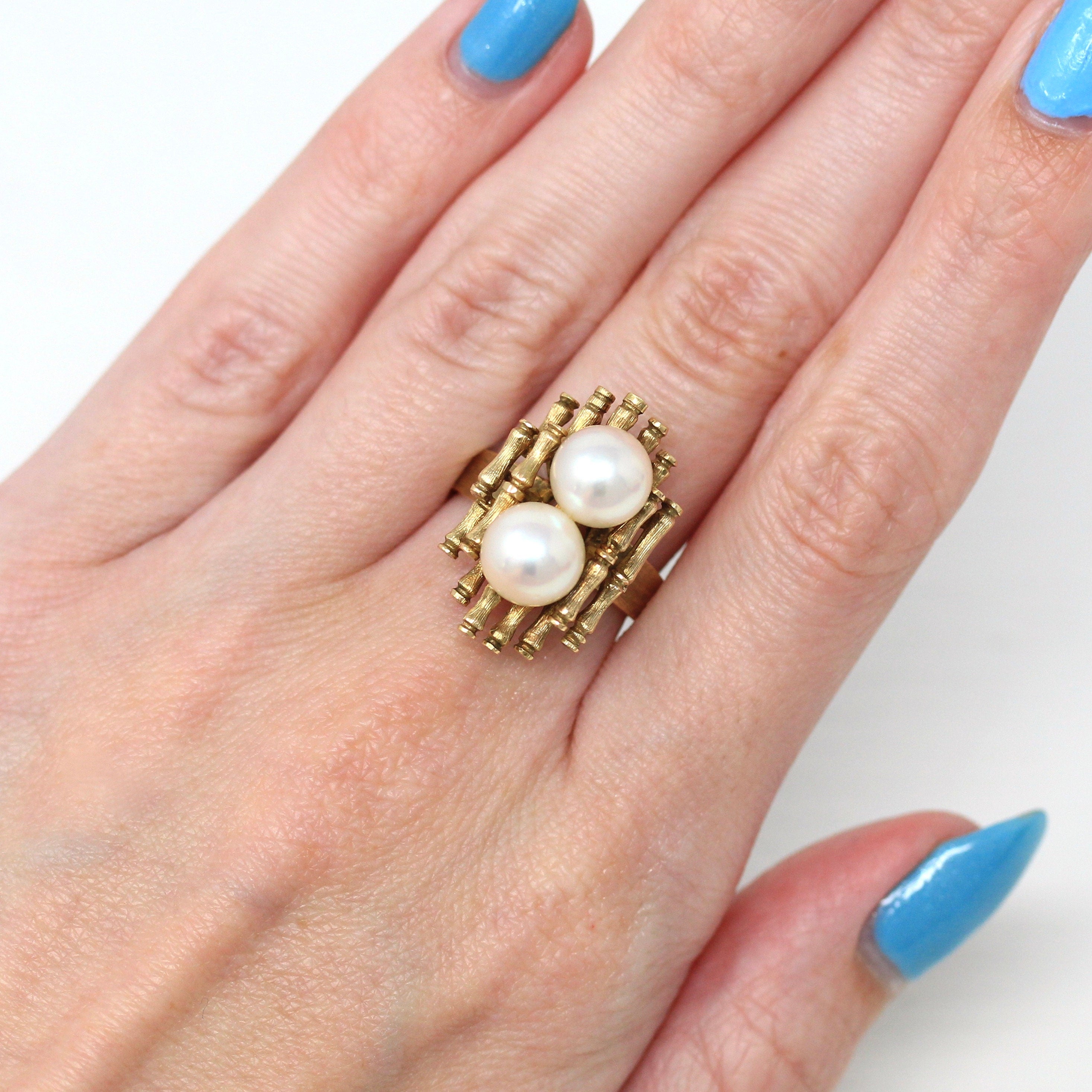 Cultured Pearl Ring - Retro 14k Yellow Gold Bamboo Branches Statement - Vintage Circa 1970s Era Size 6 1/2 Manchu Gems Original Box Jewelry