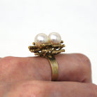 Cultured Pearl Ring - Retro 14k Yellow Gold Bamboo Branches Statement - Vintage Circa 1970s Era Size 6 1/2 Manchu Gems Original Box Jewelry