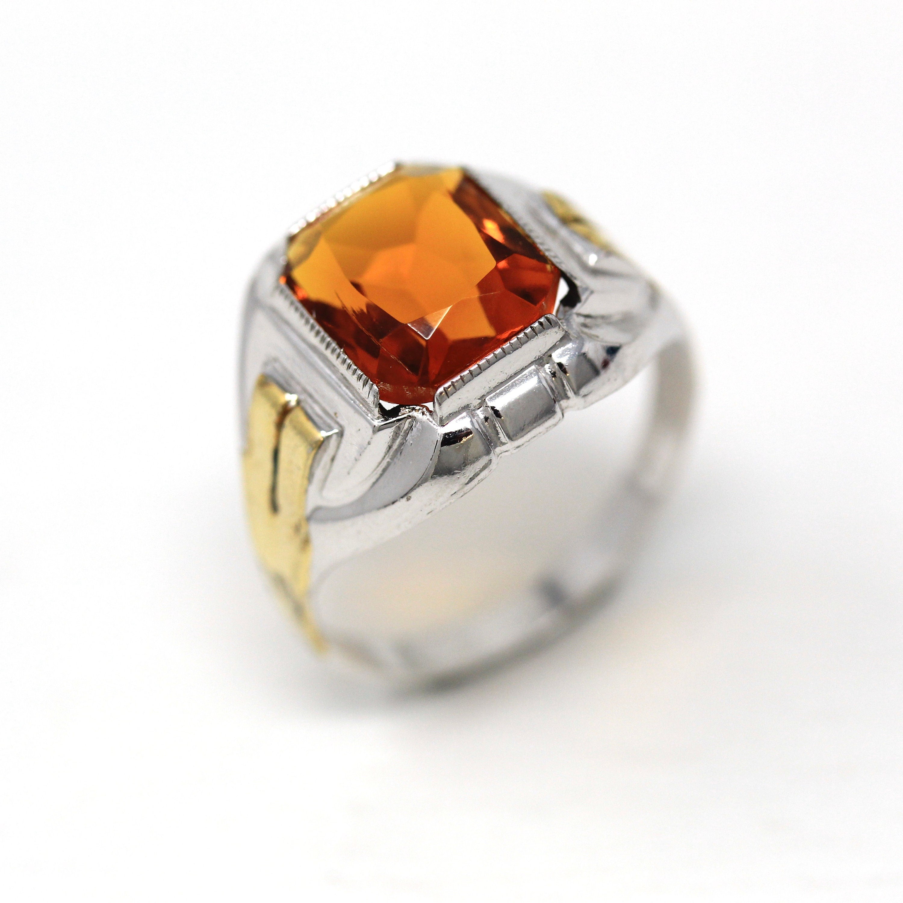 Art Deco Ring - Vintage Sterling Silver Emerald Cut Simulated Citrine Orange Glass Stone - Circa 1930s Era Size 11 1/4 Ostby Barton Jewelry