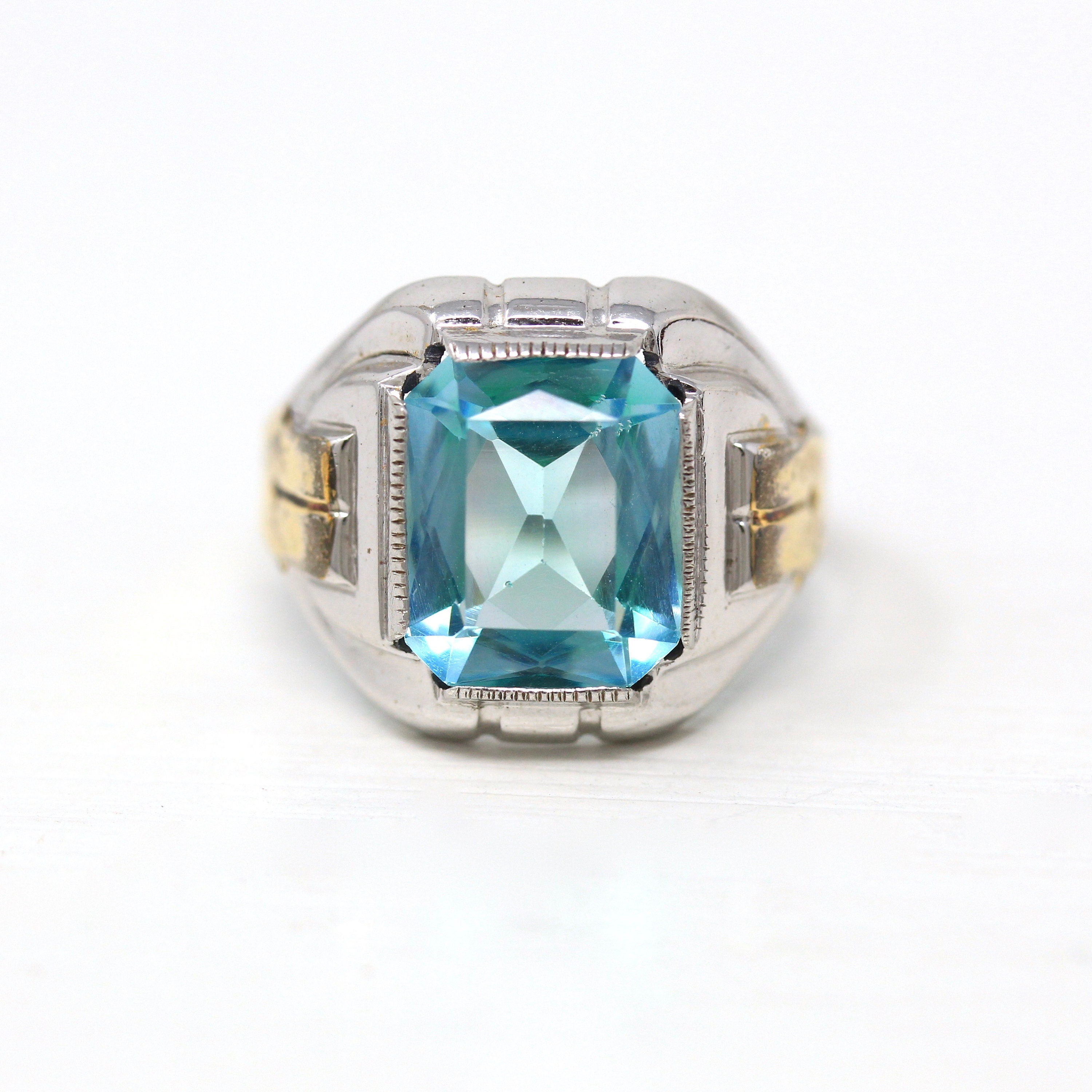 Art Deco Ring - Vintage Sterling Silver Emerald Cut Seafoam Green Teal Blue Glass Stone - Circa 1930s Era Size 8 1/2 Ostby & Barton Jewelry