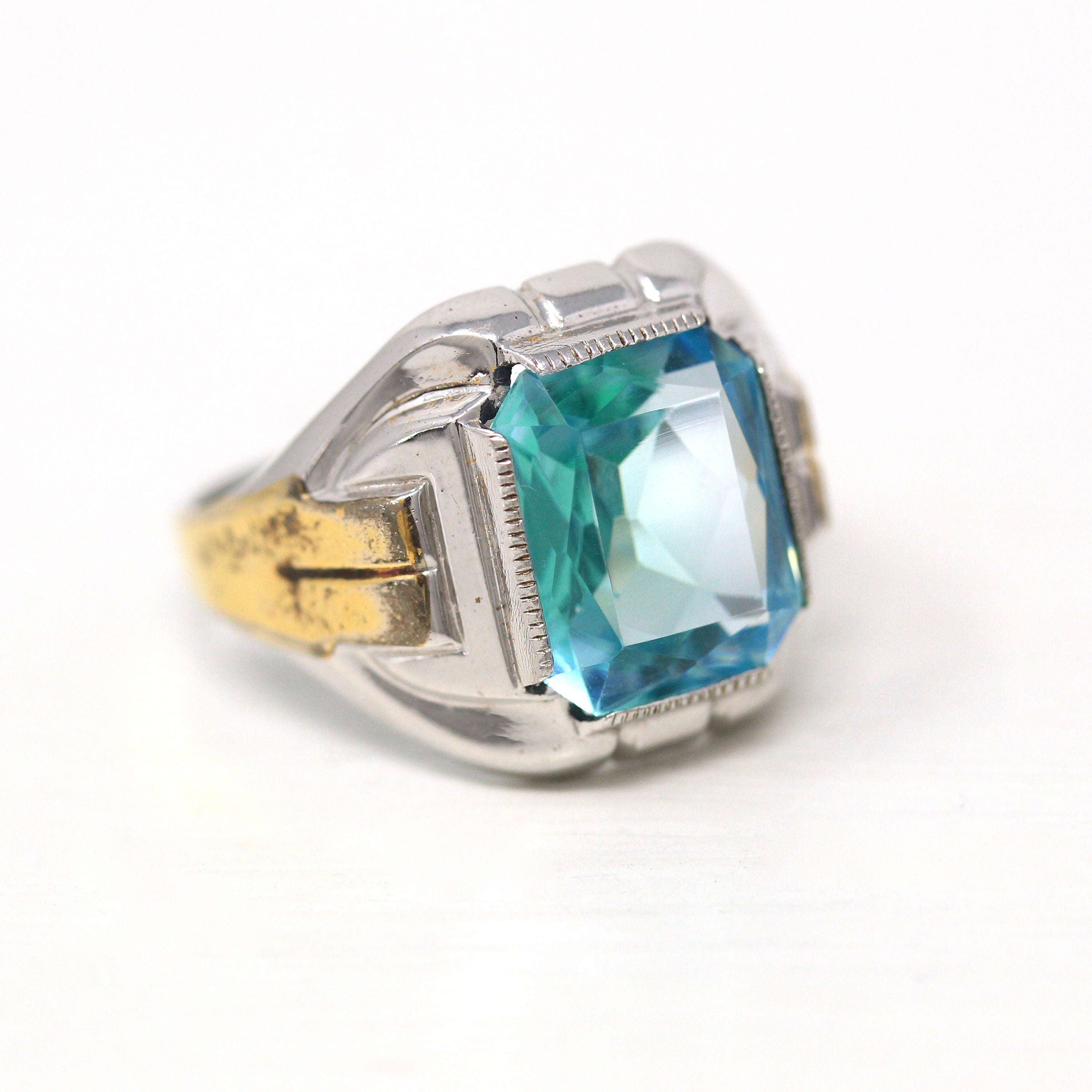 Art Deco Ring - Vintage Sterling Silver Emerald Cut Seafoam Green Teal Blue Glass Stone - Circa 1930s Era Size 8 1/2 Ostby & Barton Jewelry