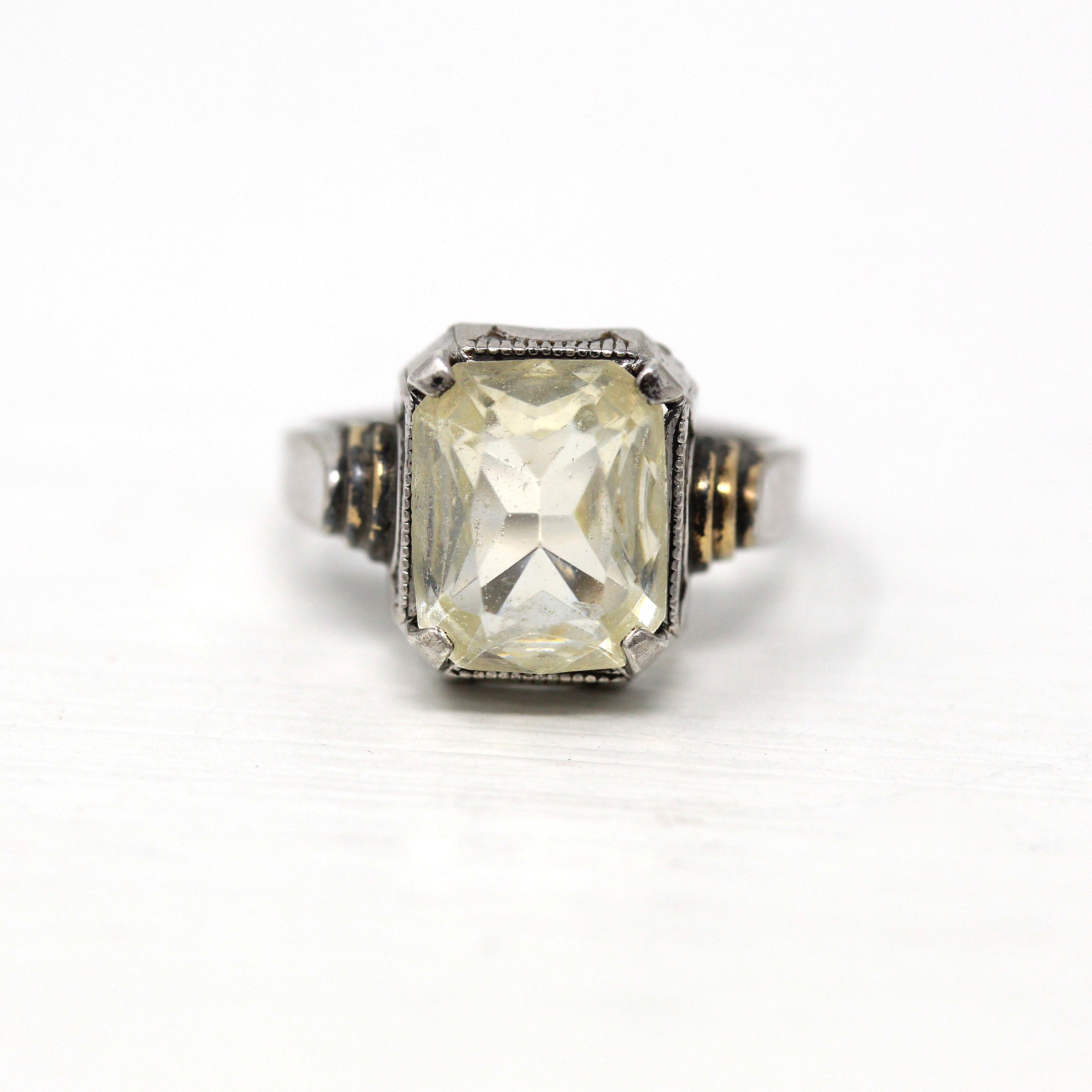 Art Deco Ring - Vintage Sterling Silver Emerald Cut Pale Yellow Clear Glass Stone - Circa 1930s Size 5 Ostby Barton New Old Stock Jewelry