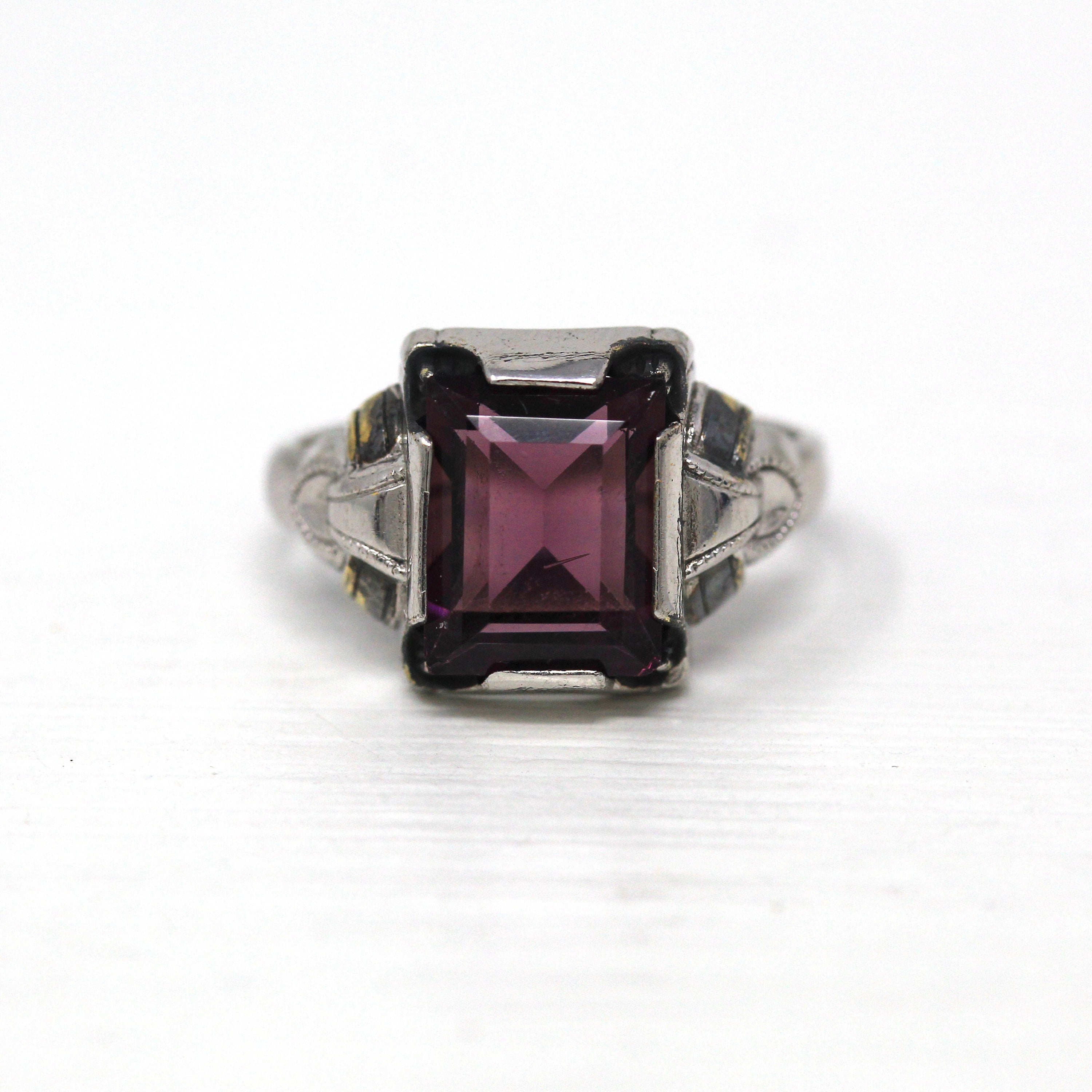 Art Deco Ring - Vintage Sterling Silver Emerald Cut Simulated Amethyst Purple Glass Stone - Circa 1930s Size 5 3/4 Ostby Barton OB Jewelry