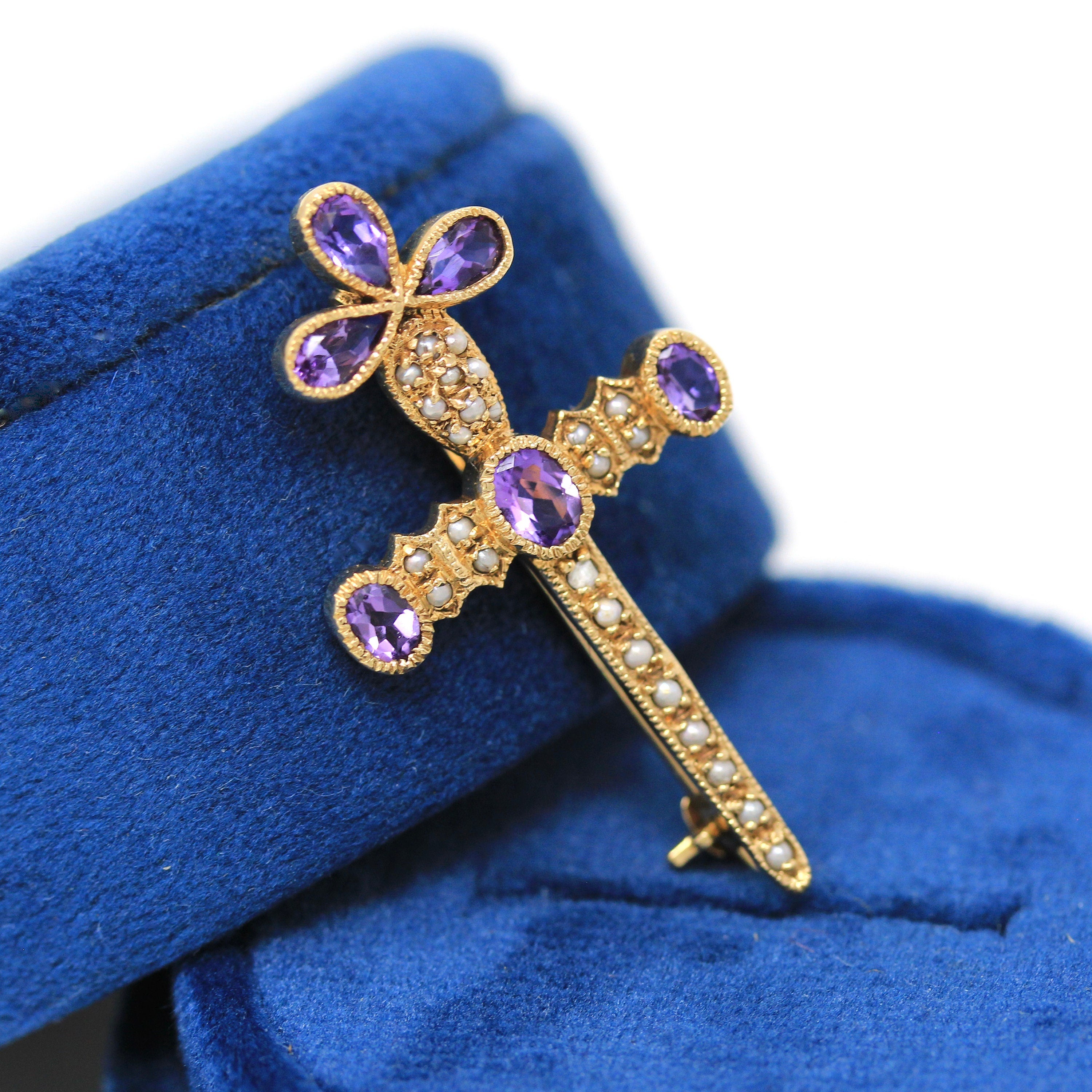 Sale - Genuine Amethyst Brooch - Retro 14k Yellow Gold Seed Pearl Cross Sword Pin - Vintage Circa 1960s Statement Fashion Accessory Jewelry